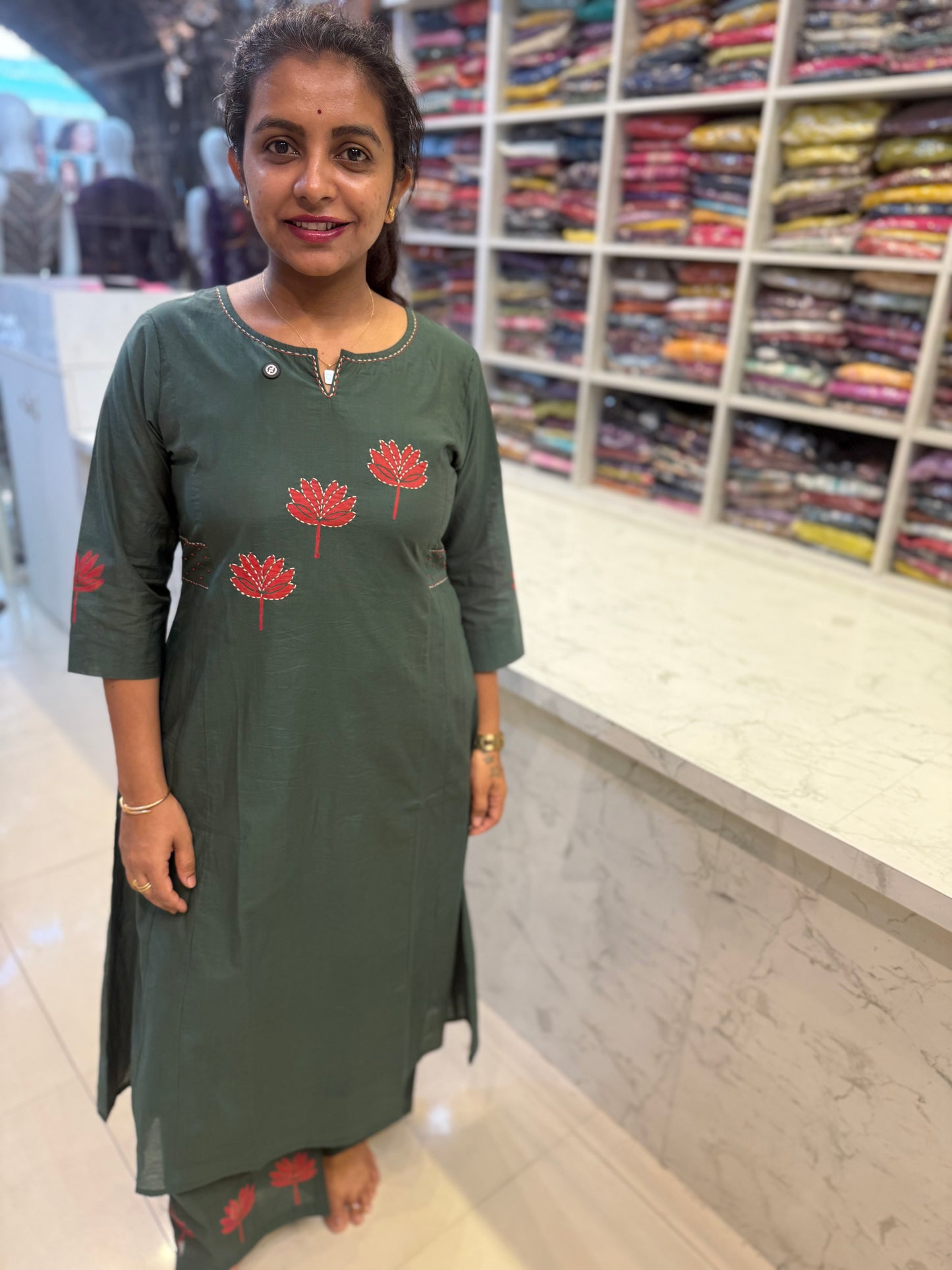 Lotus Hand Painted Designer Wear Pure Cotton Kurti With Pant-HSC69