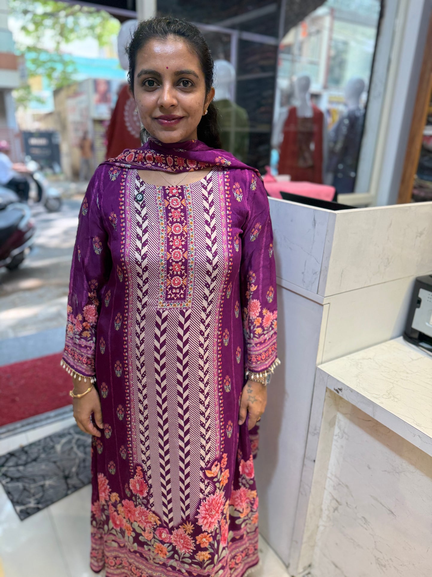 Purple Designer A-line Kurti With Pant and Dupatta-HSC46