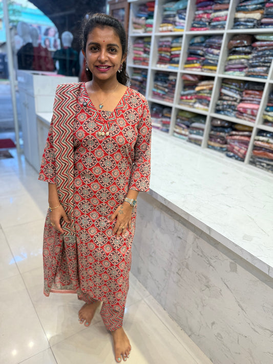 Ajarkh Block Printed Kurti With Pant and Dupatta