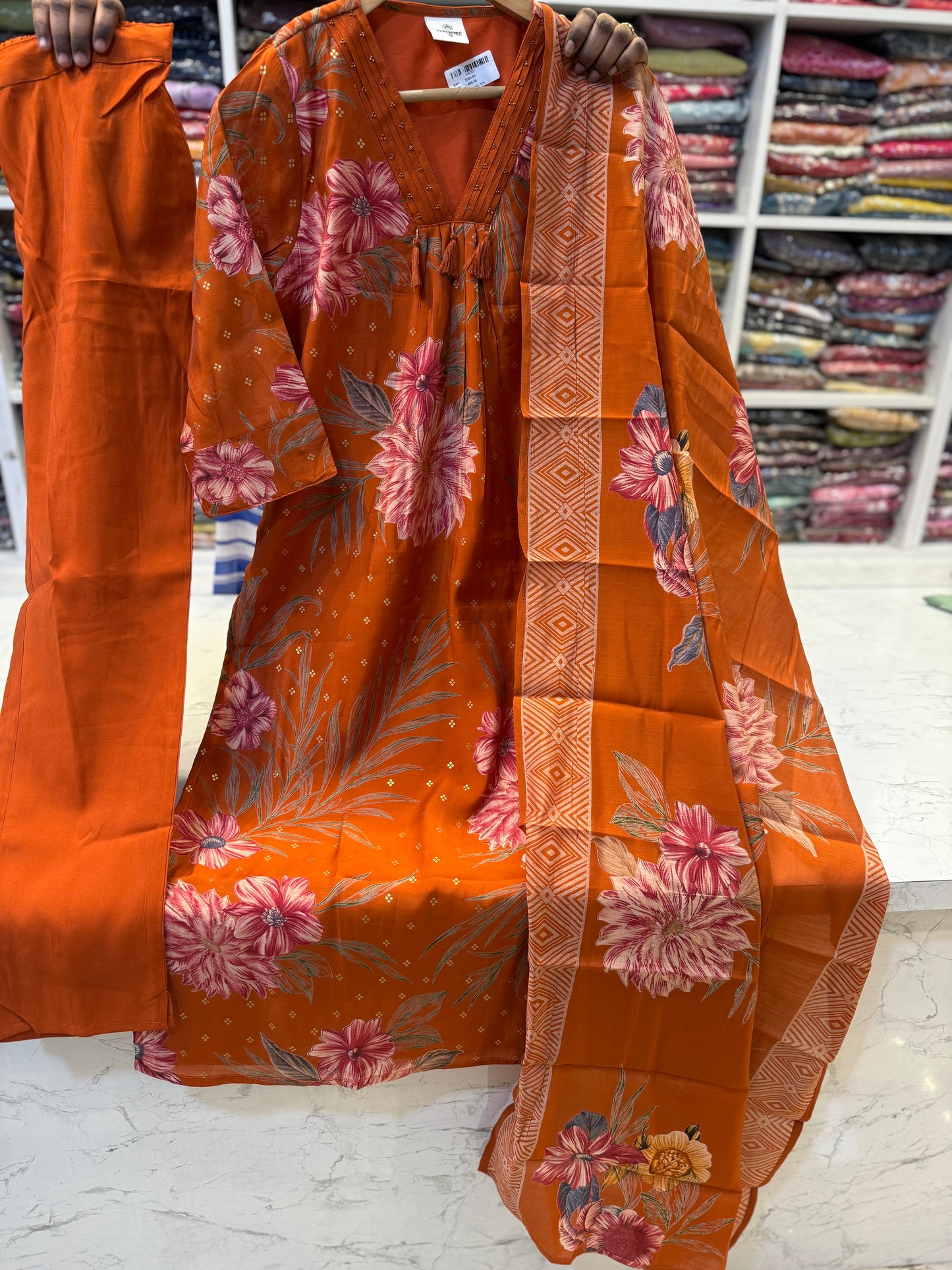 Orange Printed Kurti With pant and Dupatta-HSC31