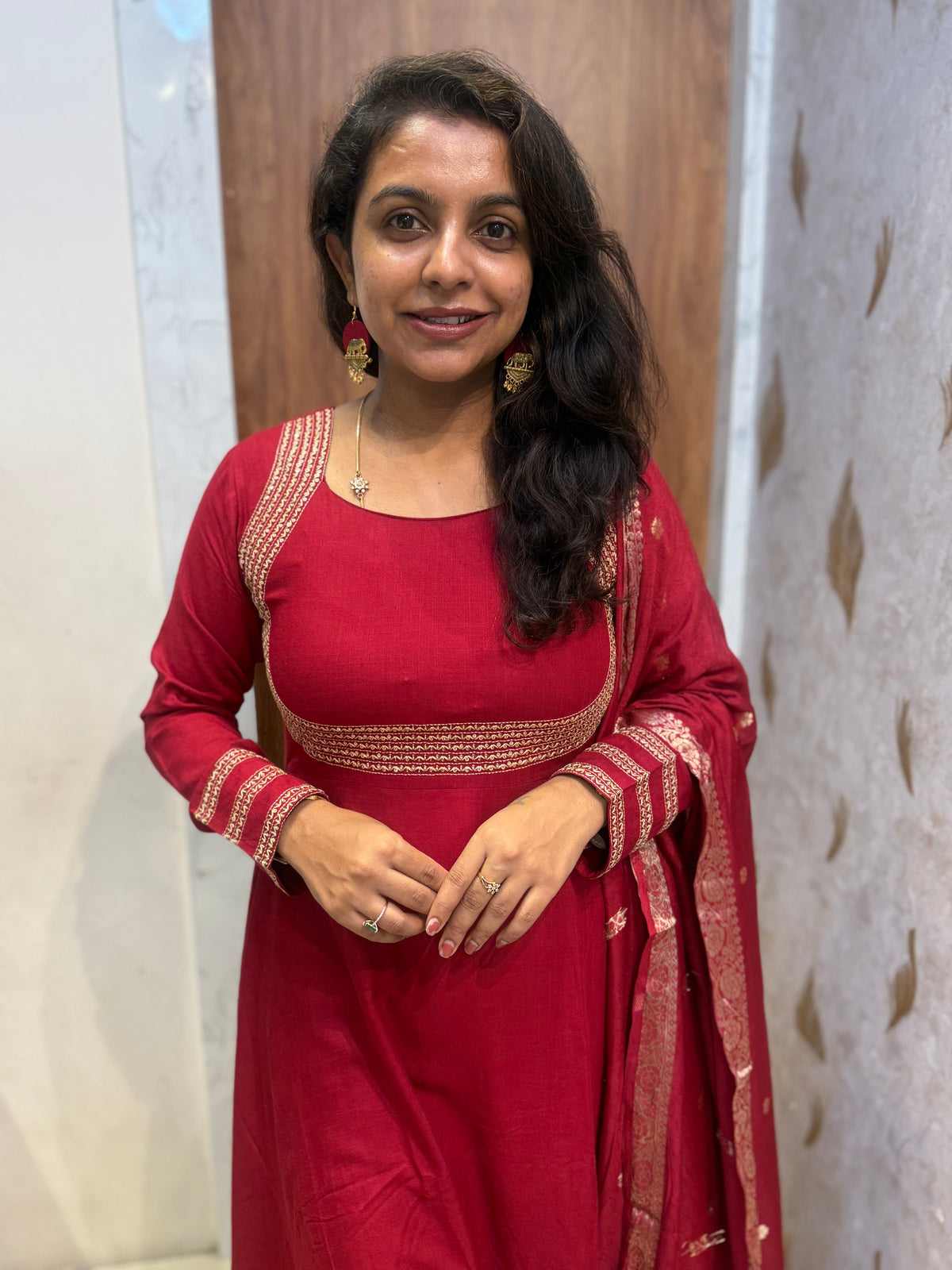 Free Earrings Red Anarkali Soft Rayon With Pant and Dupatta - HSC1201