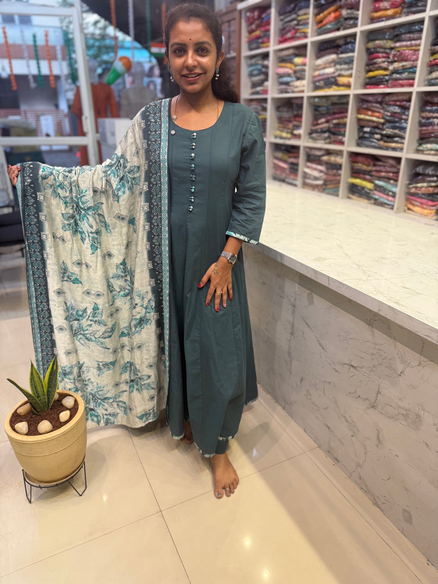 Anarkali Pure Cotton Kurti With Pant and Dupatta