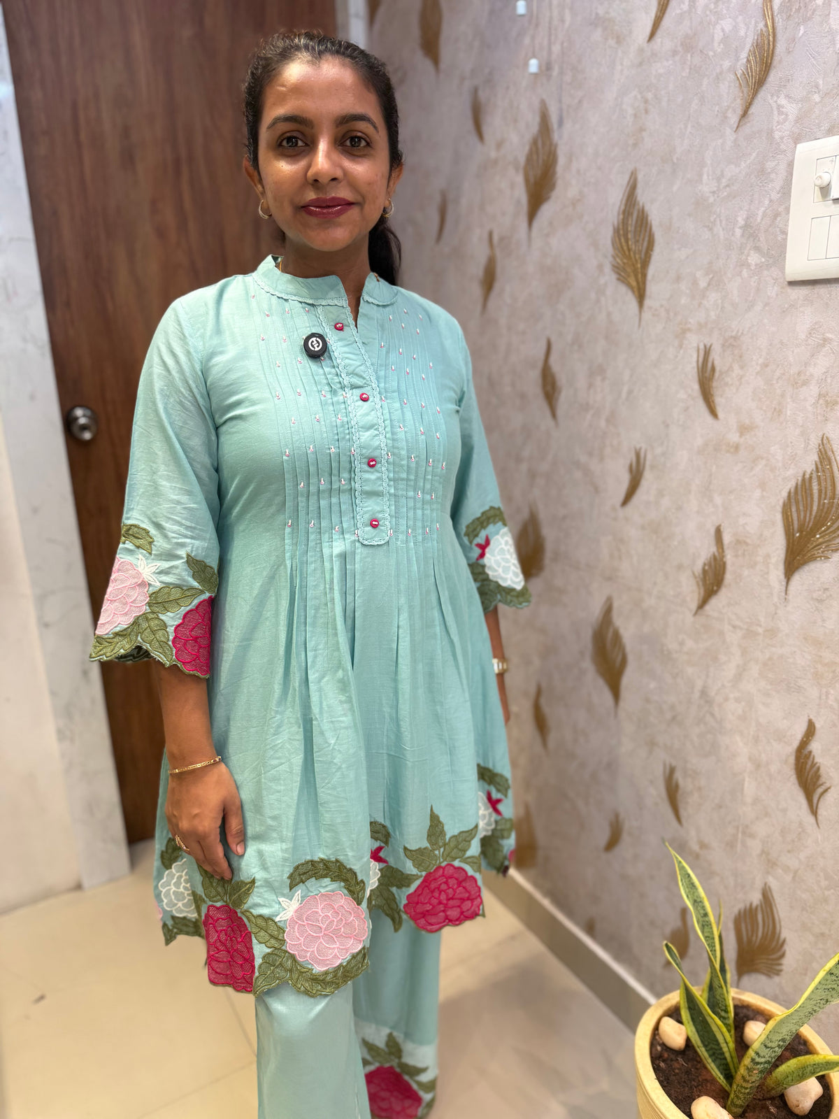 Powder Blue Embroidery Cutwork Cotton Co-ords Set- HSC1168