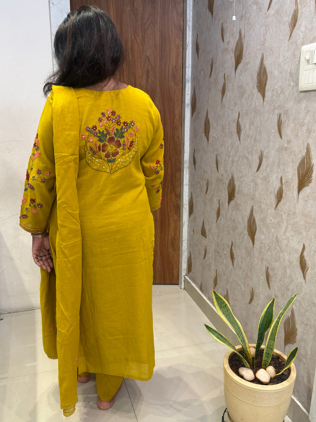 Mustard Hand Thread Embroidery Kurti With Pant and Dupatta - HSC1181