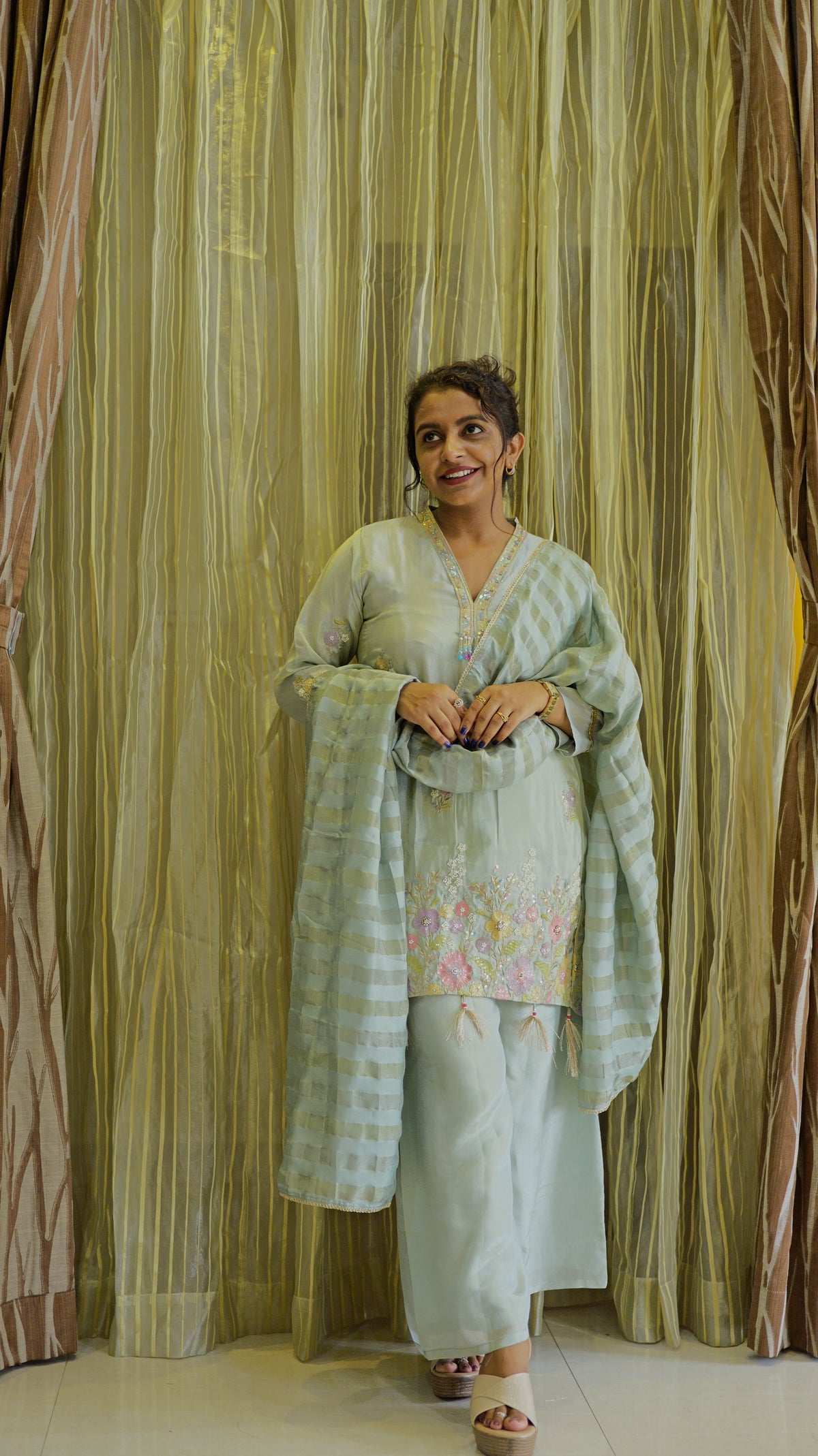 Sky Blue Tissue Silk Kurti With Pant and Dupatta -HSC1244