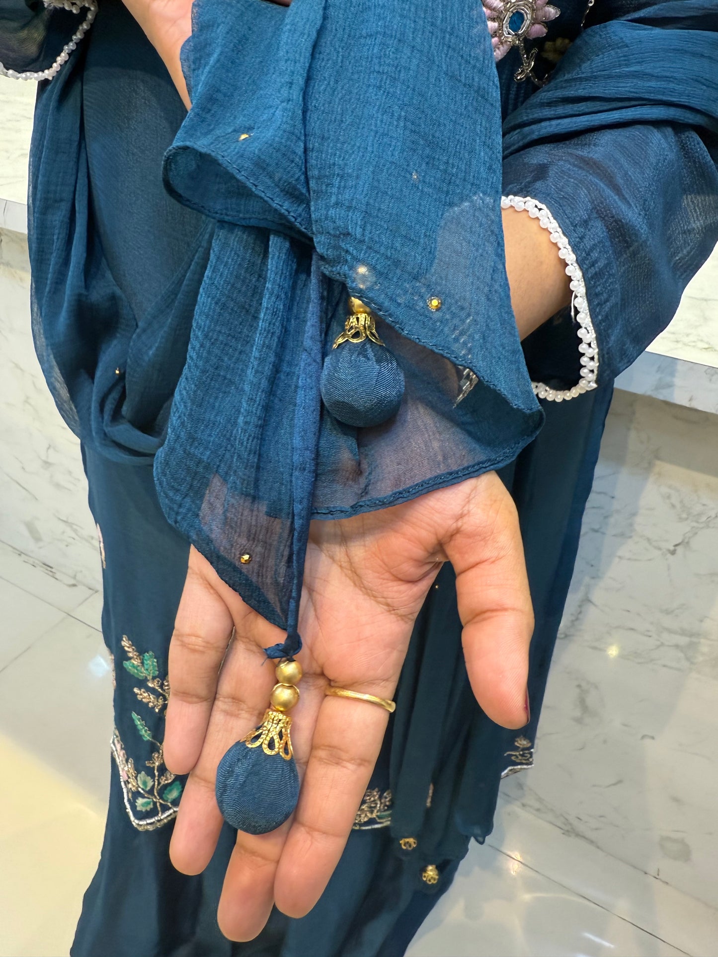 Blue Hand Embroidery Pure Chinnon Sharara Set