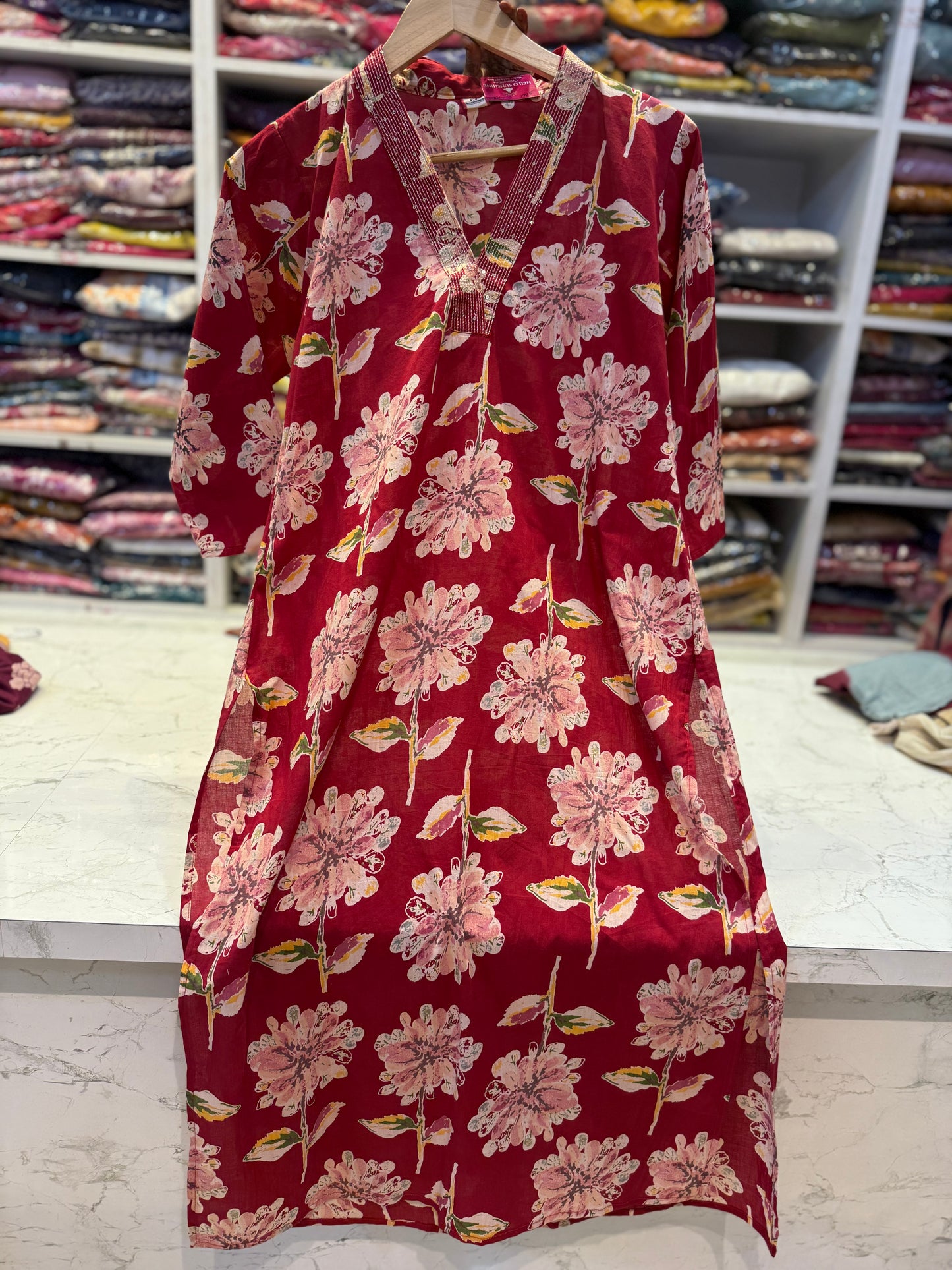 Red V- neck Floral Kurti