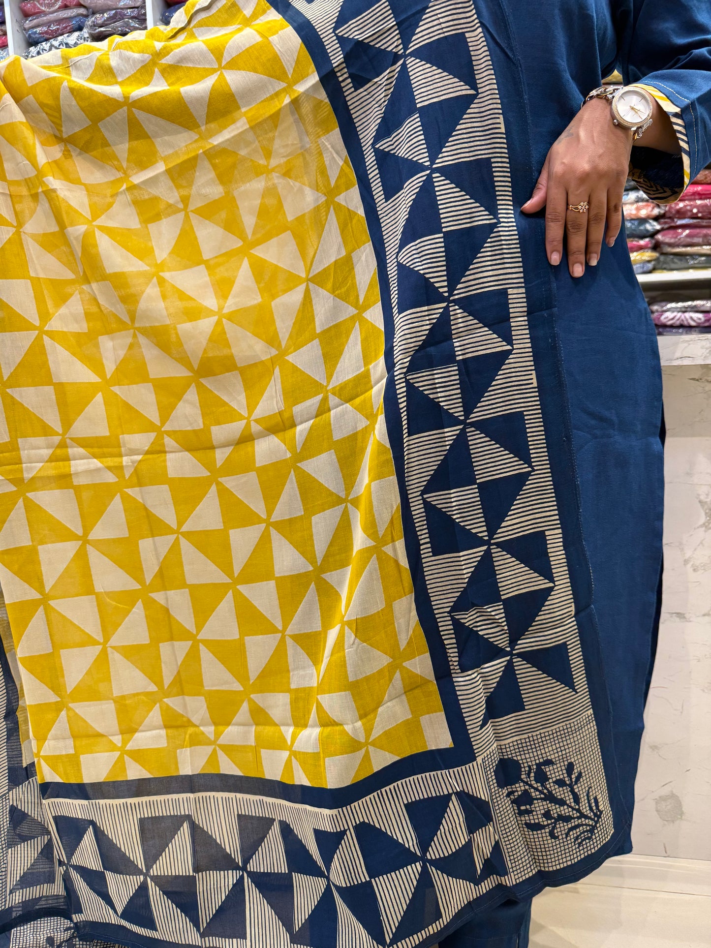 Blue Pure Cotton Flex Applique Straight Cut Kurti With Pant and Dupatta