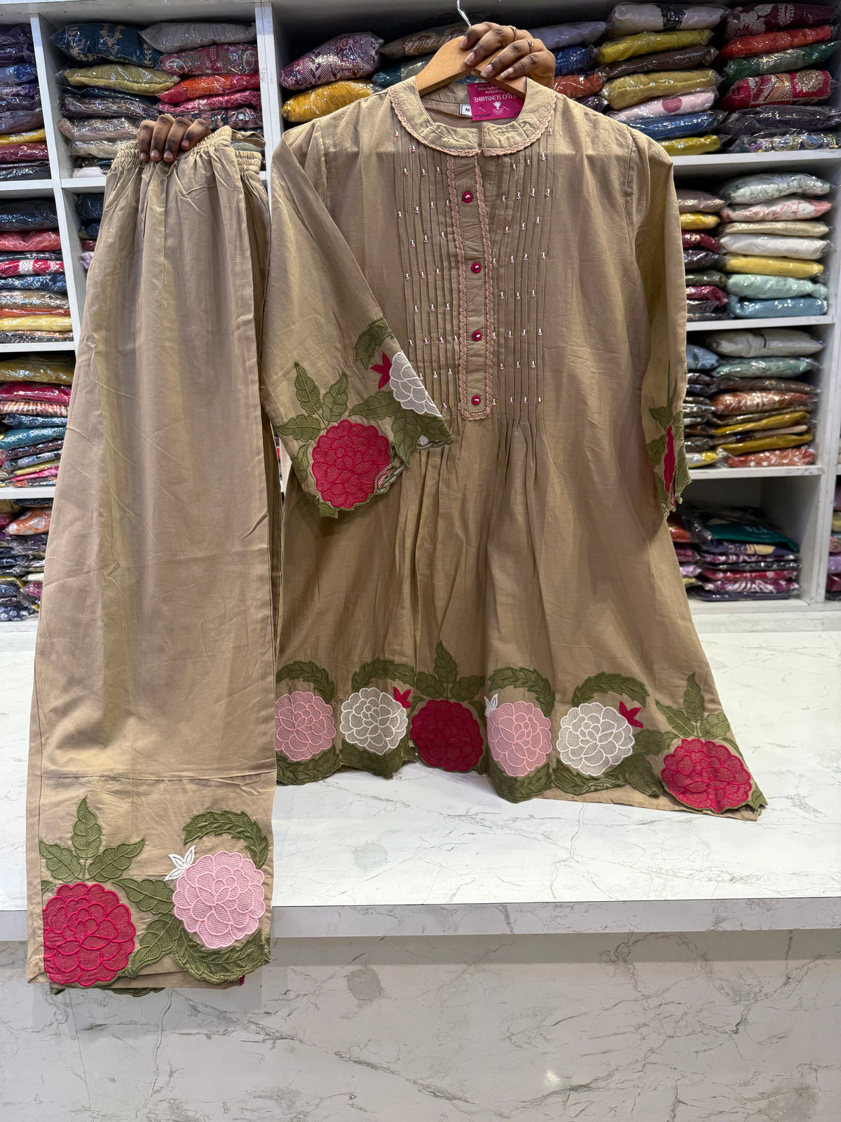 Beige Embroidery Cutwork Cotton Co-ords Set- HSC1168