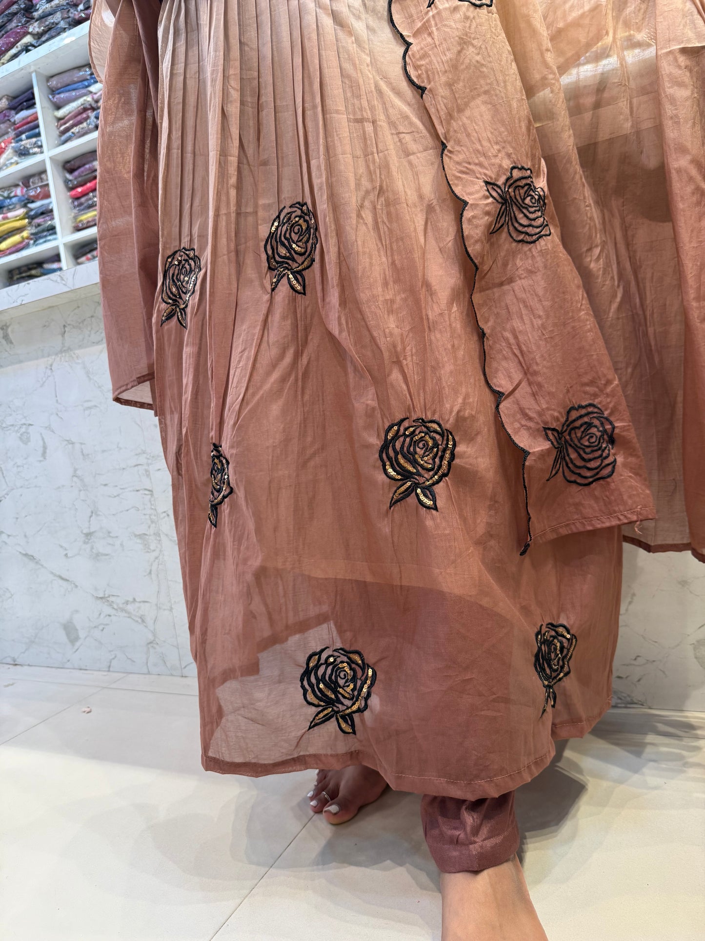 Ombre Brown Pure Mul Chanderi A-line Kurti With Pant and Dupatta