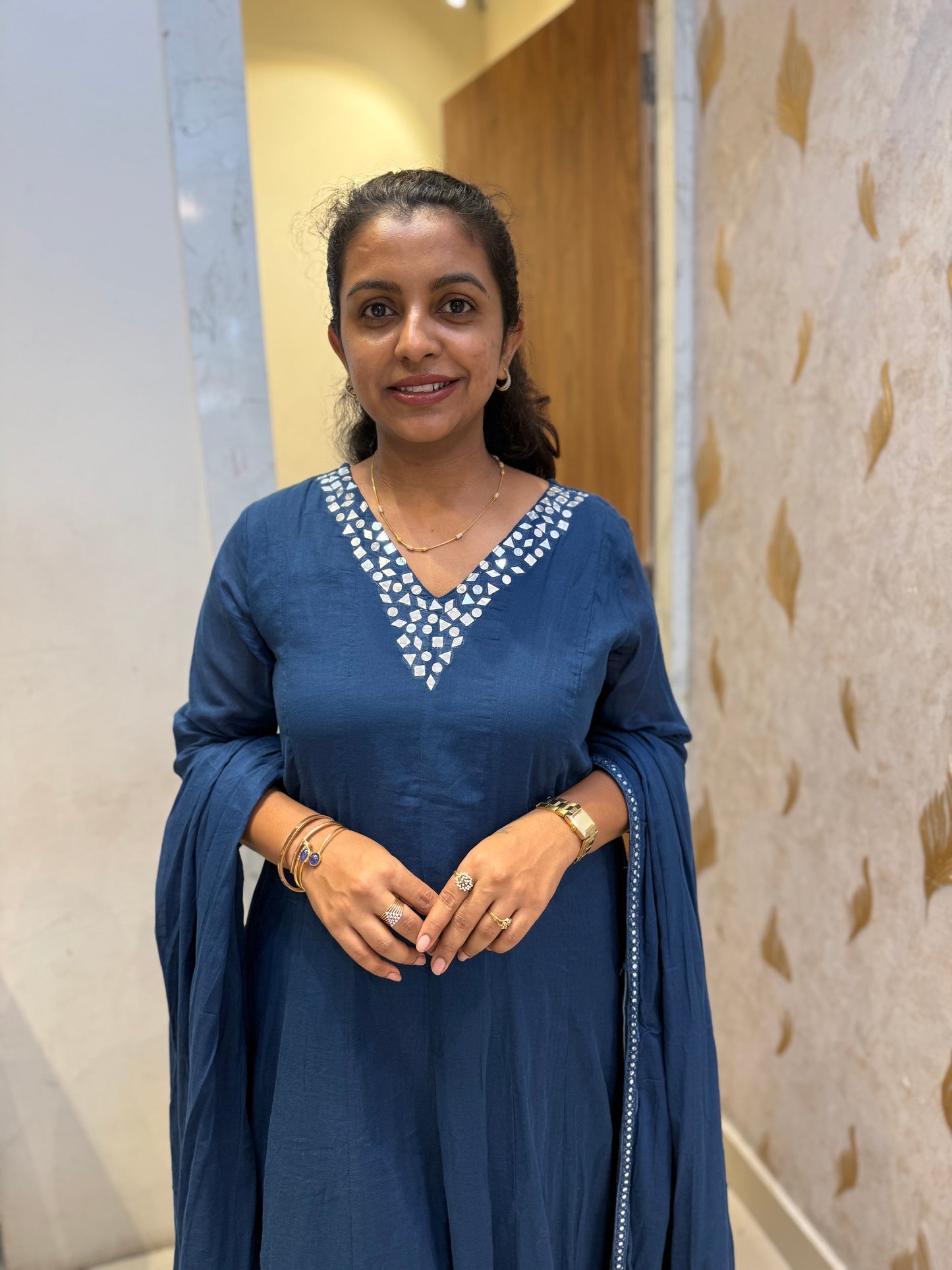 Ink Blue Pure Mul Cottoon A-line Kurti With Pant and Dupatta -HSC1155