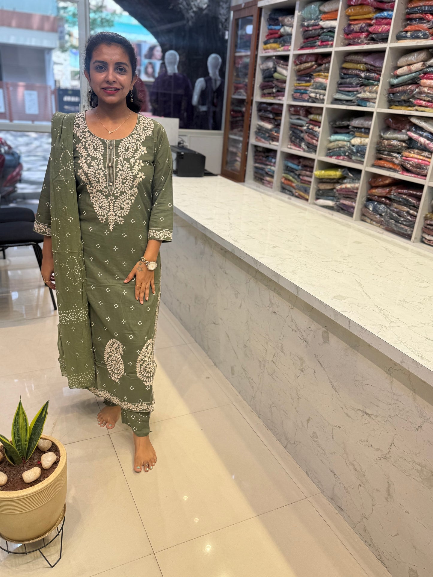 Olive Green Bandhani Cotton chikankari Kurti with Pant and Dupatta
