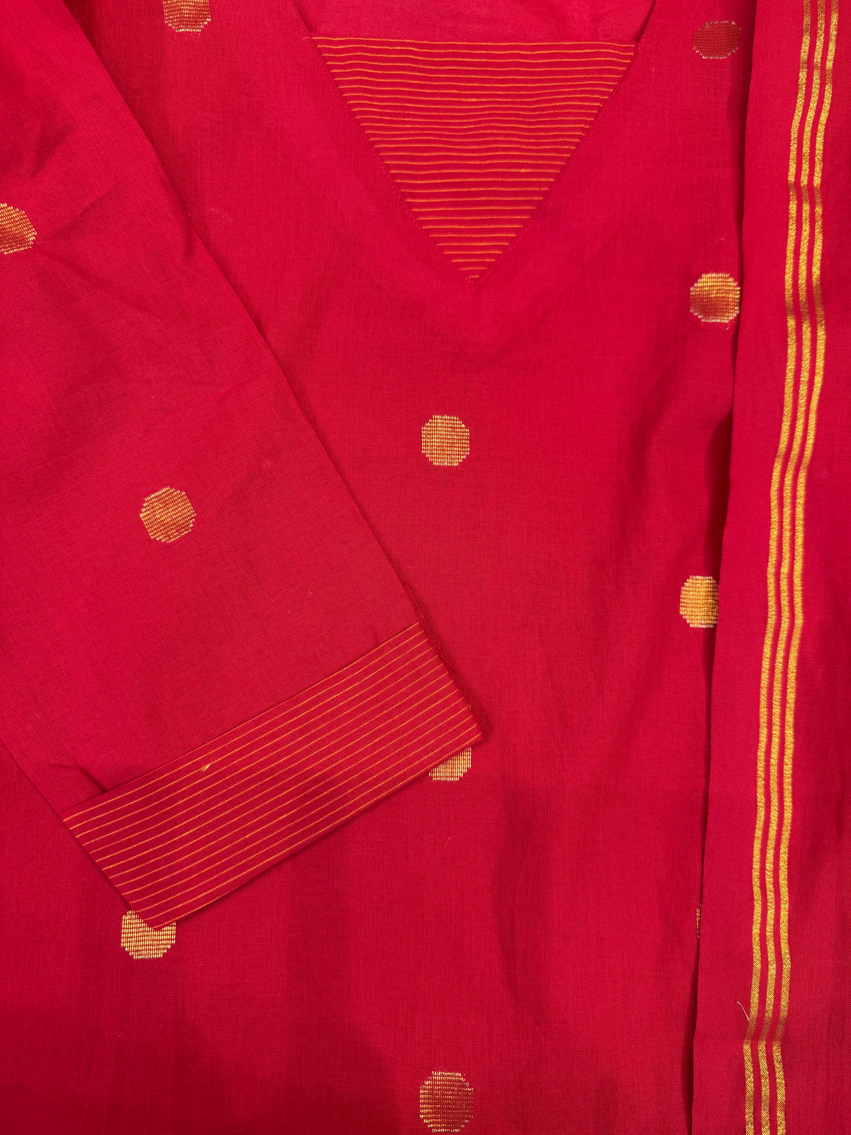 Red Zari Butta Pure Handloom Kurti With Pant and Dupatta -HSC1232