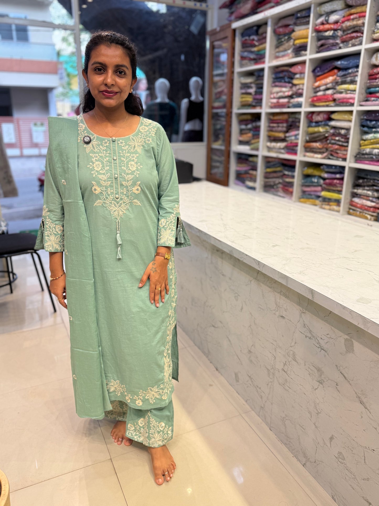 Mint Green Pure Cotton Embroidery Kurti With Pant and Dupatta - HSC1145