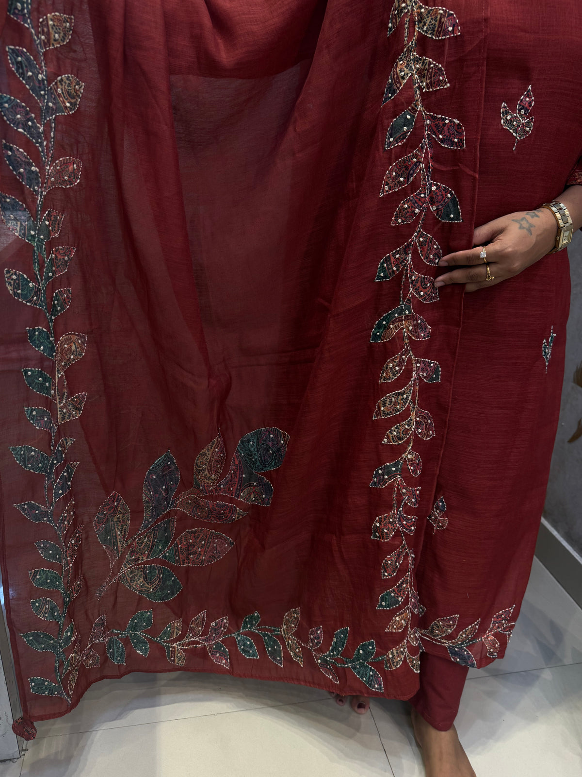 Marron Tissue Linen Katha Hand Embroidery Kurti With Pant and Dupatta -HSC1317