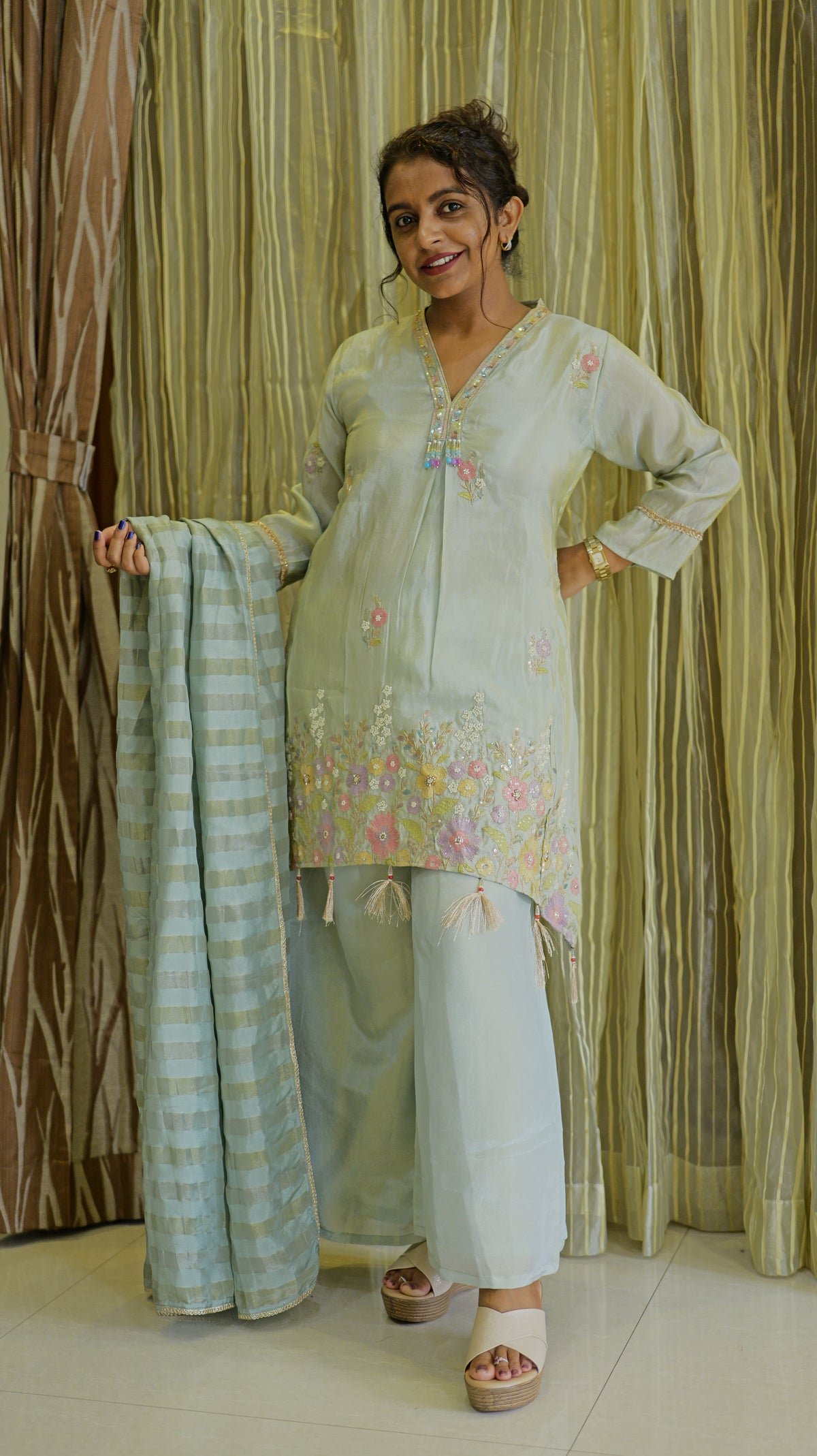 Sky Blue Tissue Silk Kurti With Pant and Dupatta -HSC1244