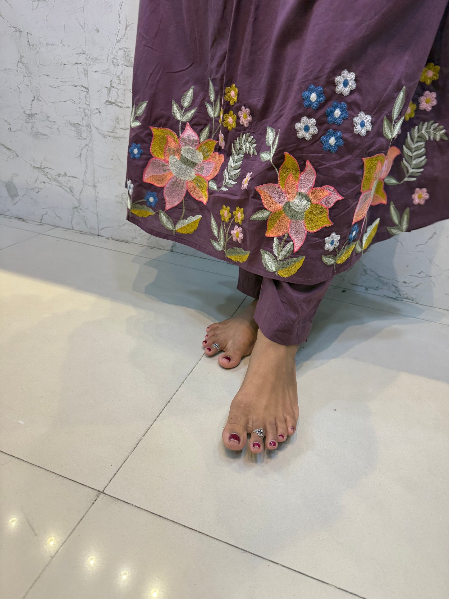 Mul Cotton Embroidery A-line Kurti With Pant And Dupatta