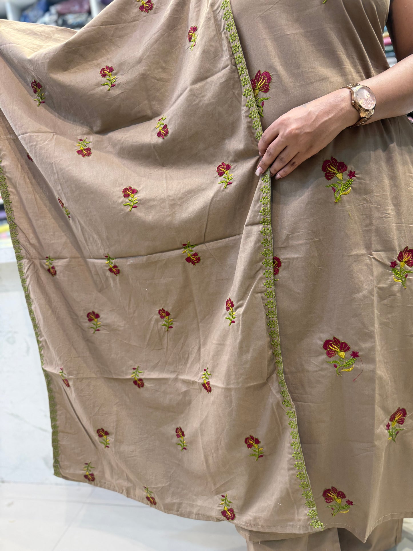 Khaki Pure Cotton Embroidered Kurti With Pant and Dupatta