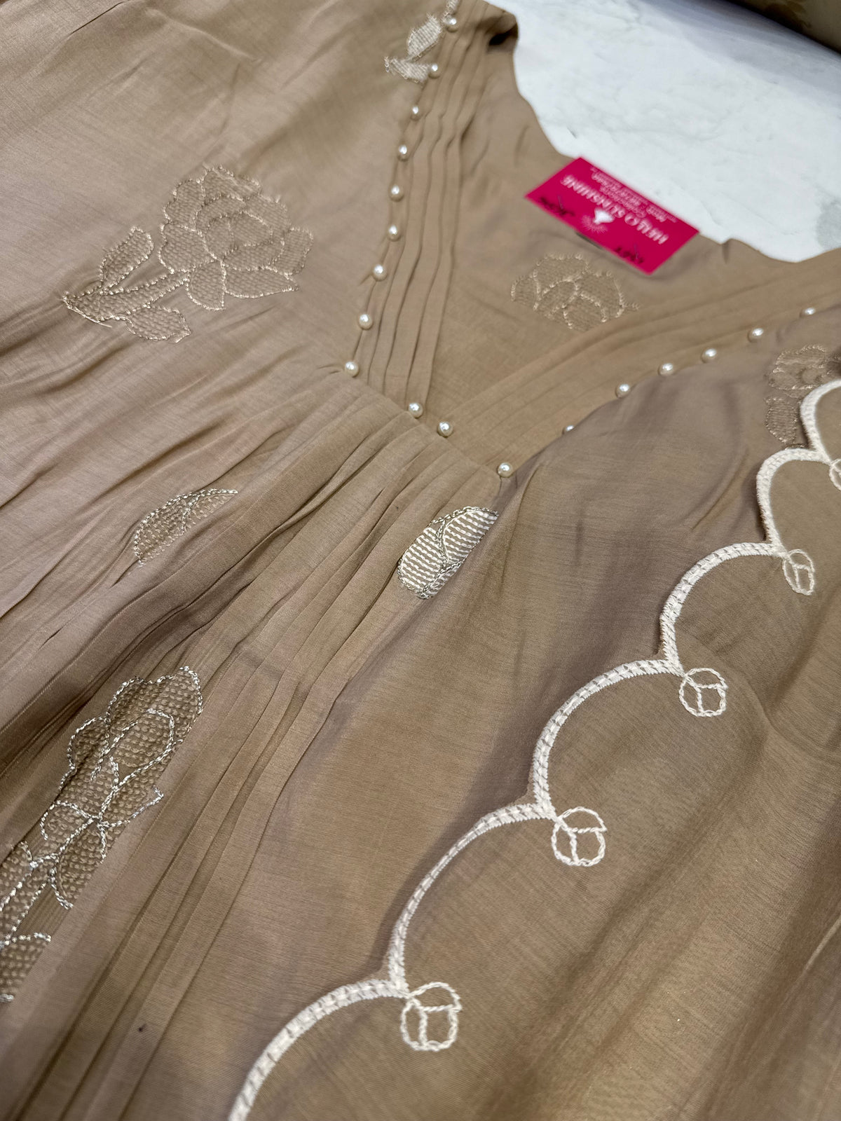 Beige Pure Silk Embroidery Kurti With Pant and Scallop Cutwork dupatta -HSC1204