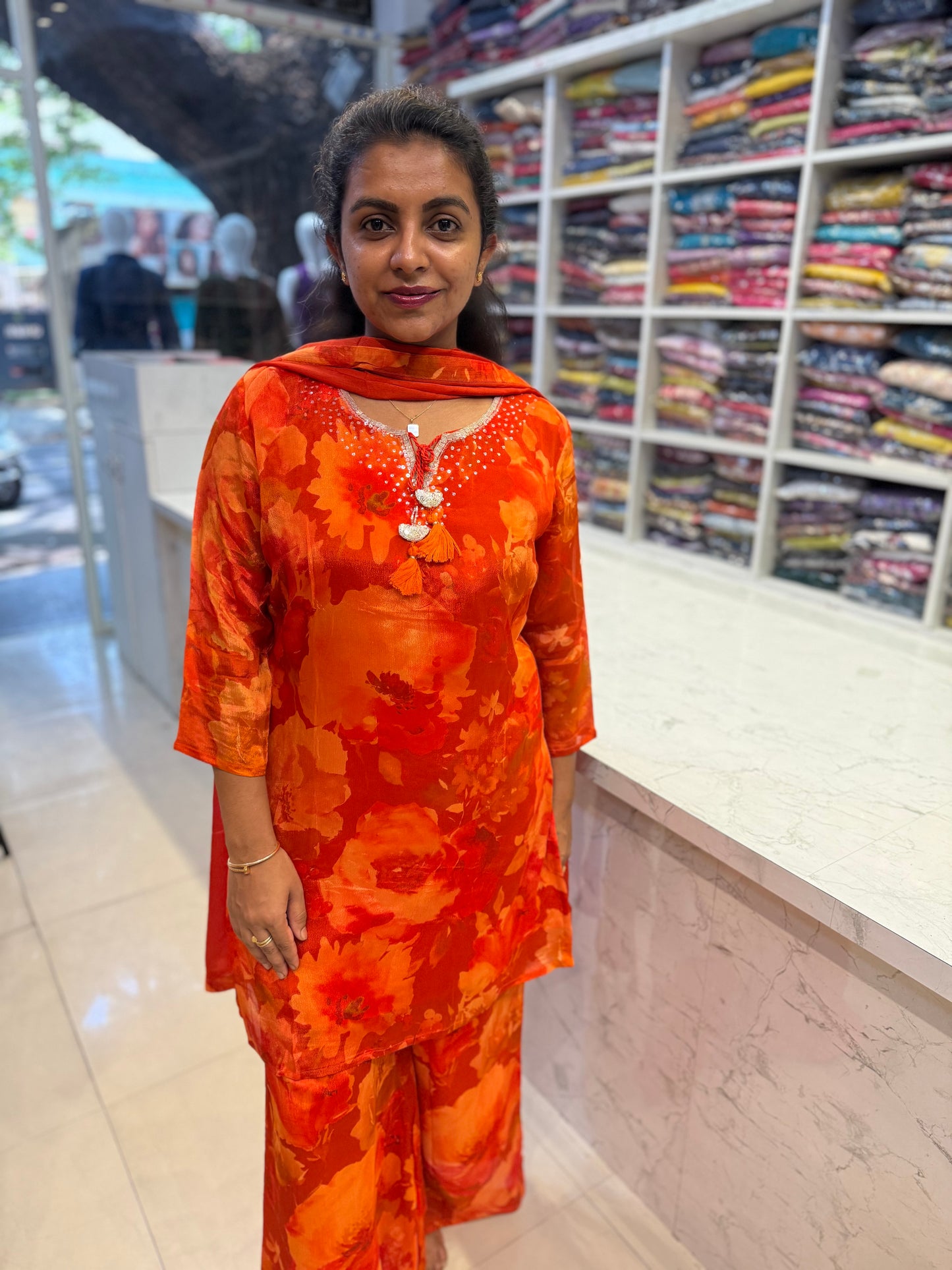Orange Floral Pure Chinnon Kurti With Pant-HSC88