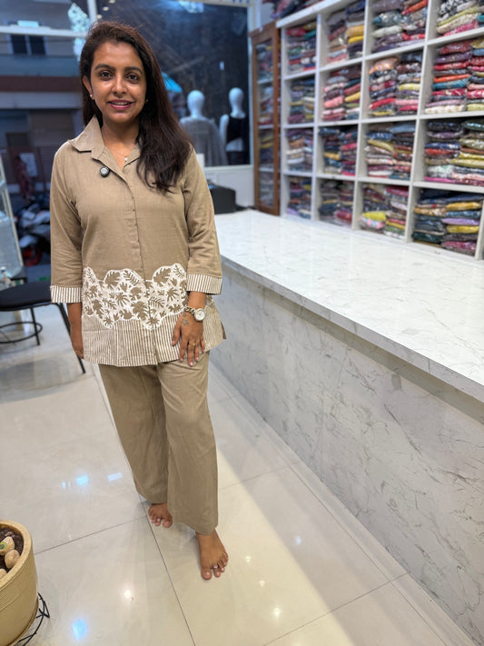 Beige Embroidery Pure Cotton Co-ords set