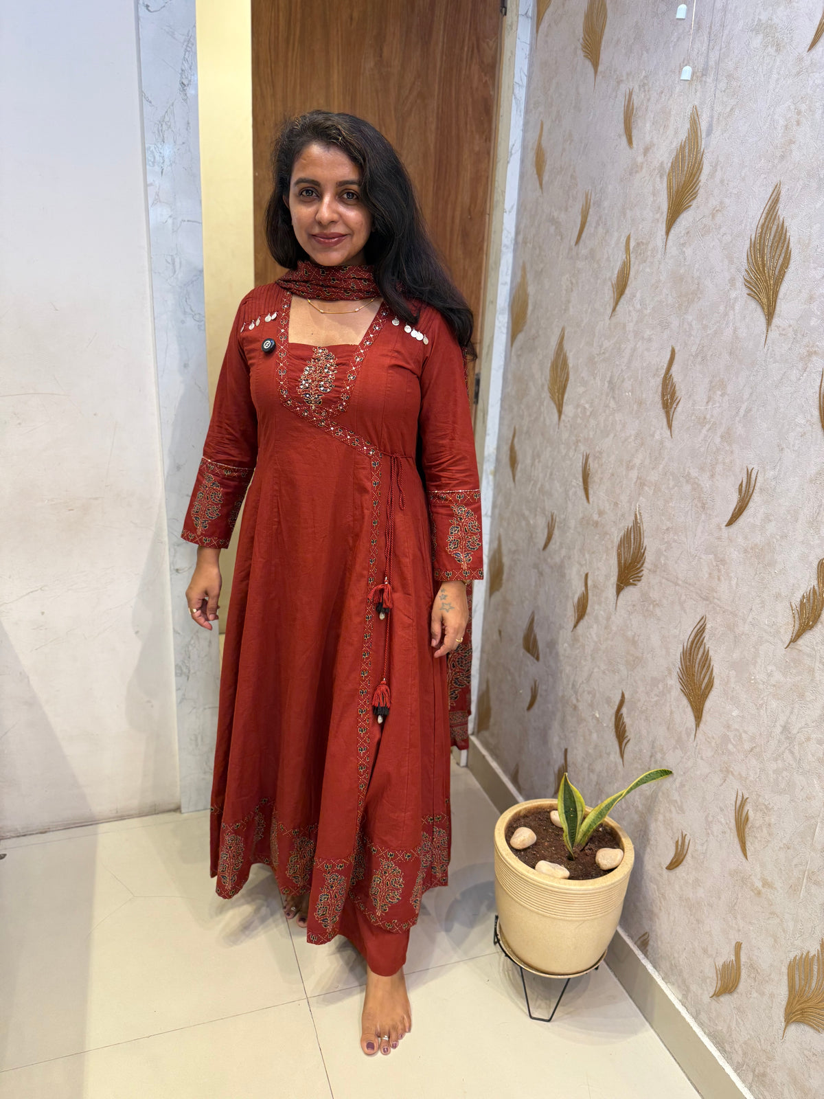 Marron Pure Cotton A-line Kurti With Pant and Printed Dupatta -HSC1262