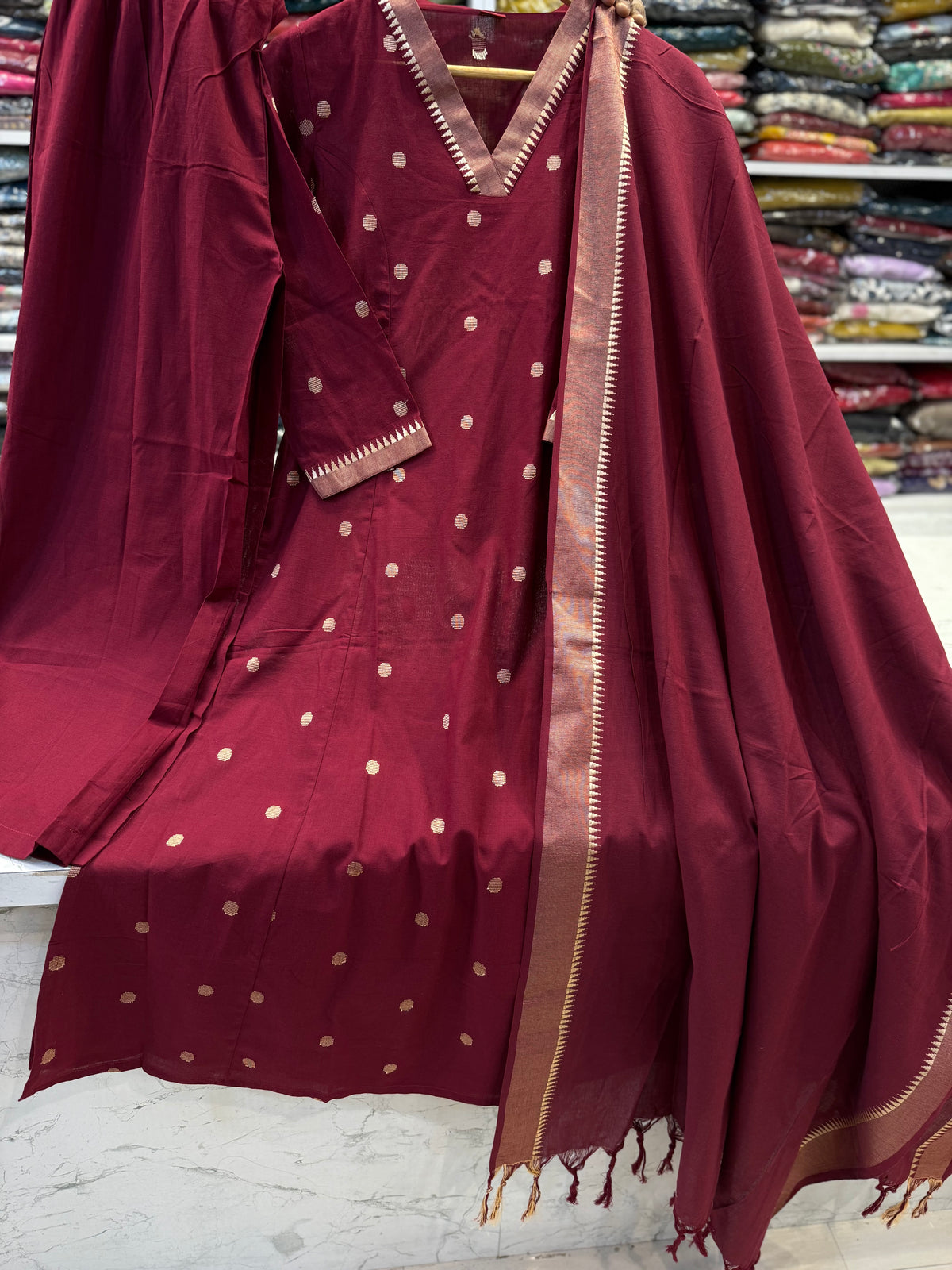 Marron Zari Butta Pure Handloom Kurti With Pant and Dupatta -HSC1268