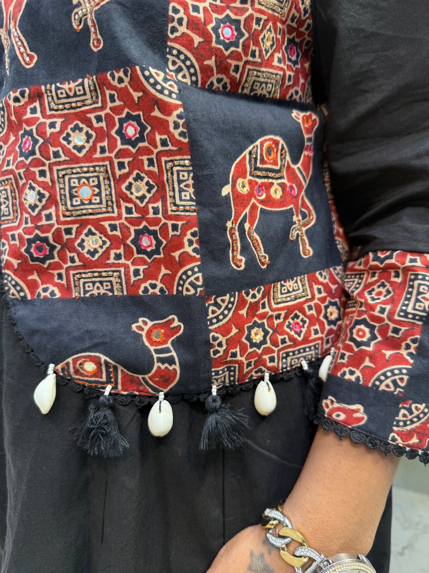 Camel Black Jacket Anarkali Kurti with Pant