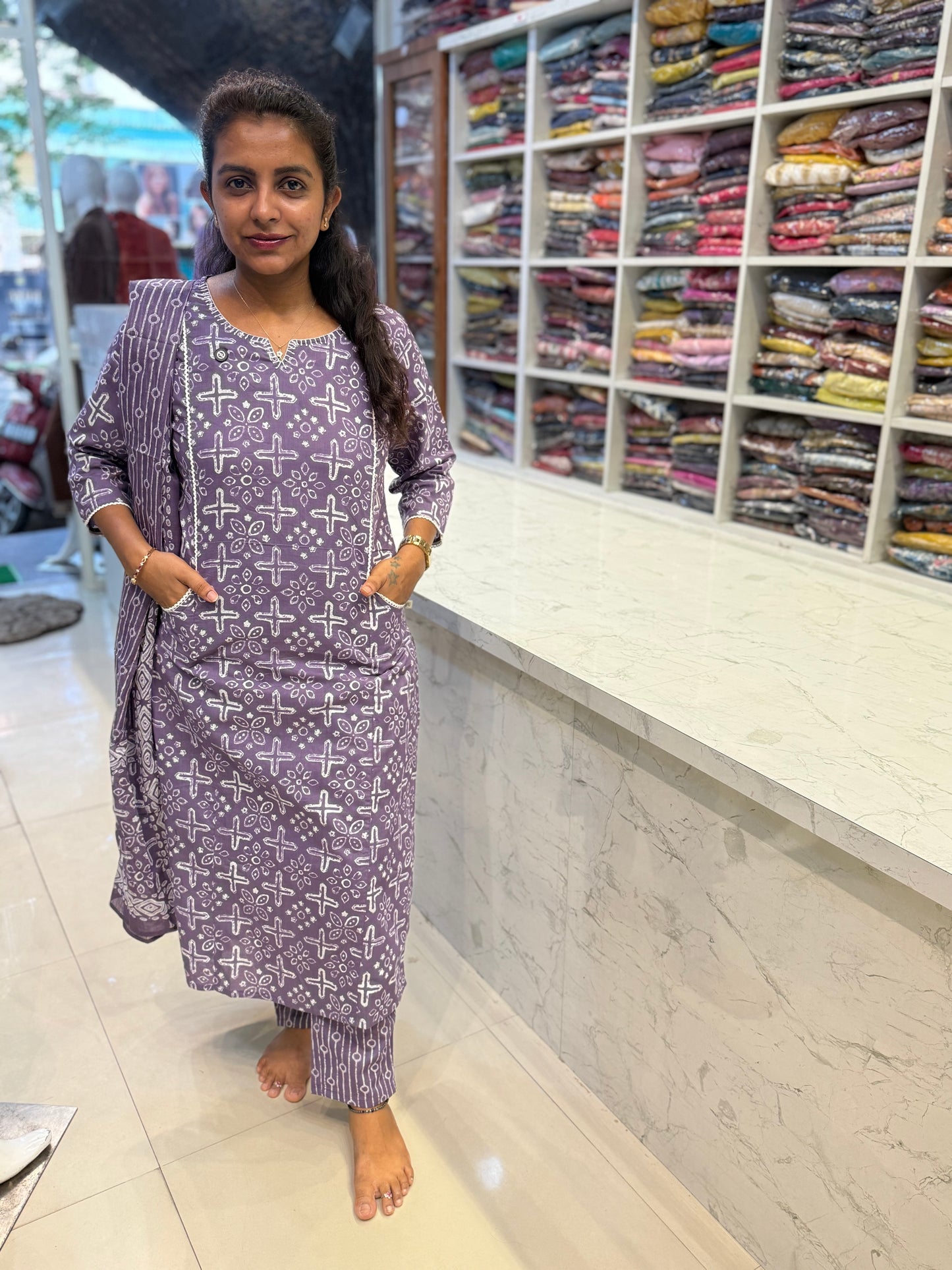 Two sides pocket Batik Printed Pure Cotton Kurti With Pant and Dupatta-HSC105