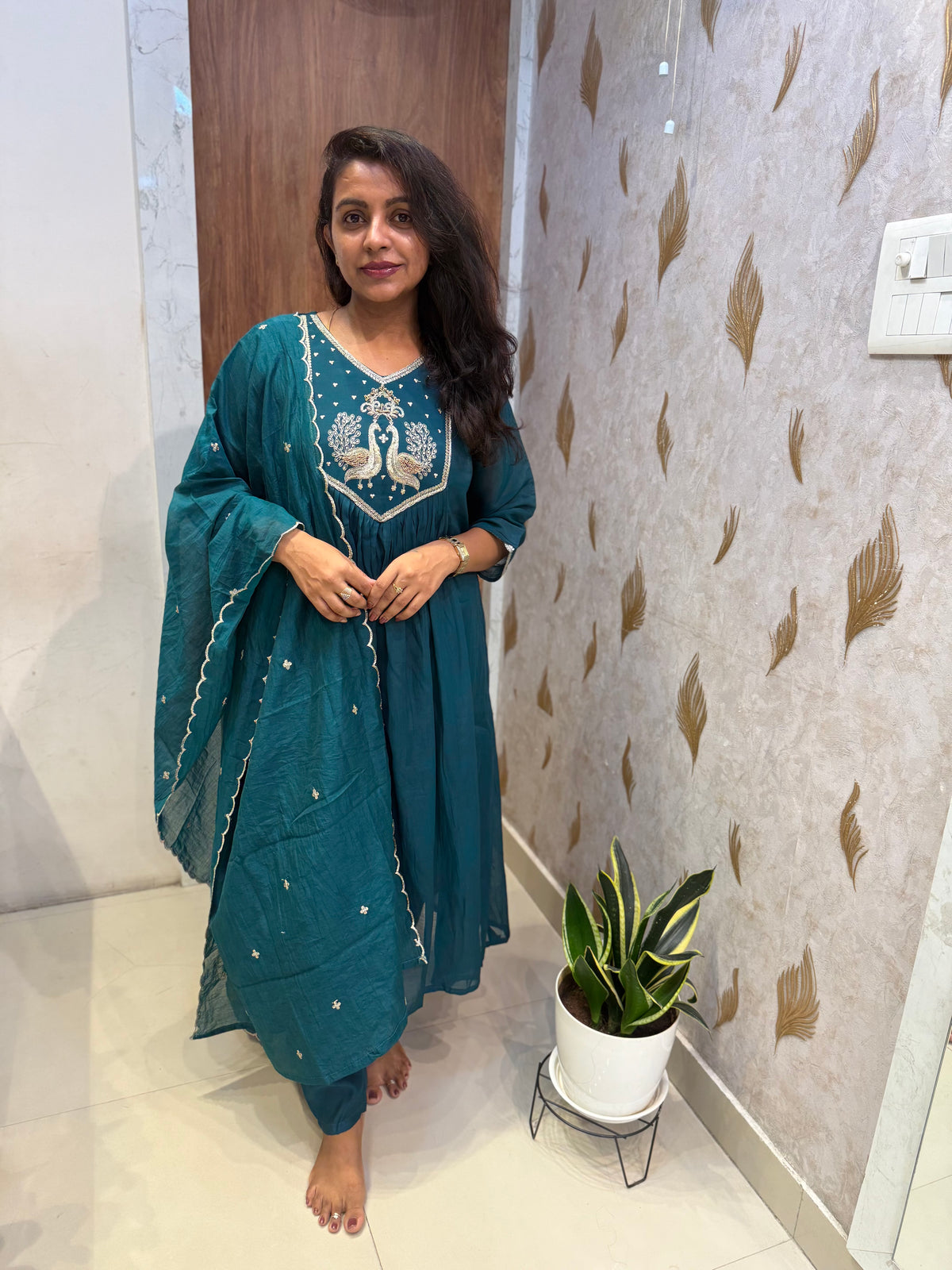 Teal Blue Pure Silk Kurti With Pant and Scallop Cut Dupatta -HSC1314
