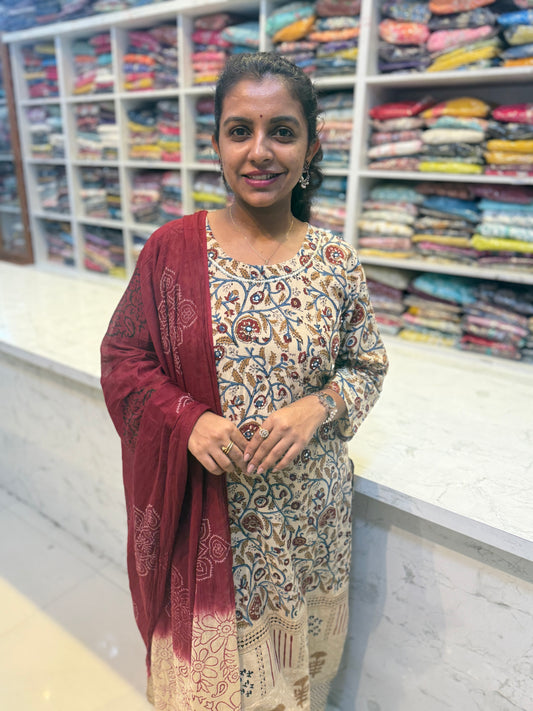 Cream and Marron Pure Cotton Salwar set