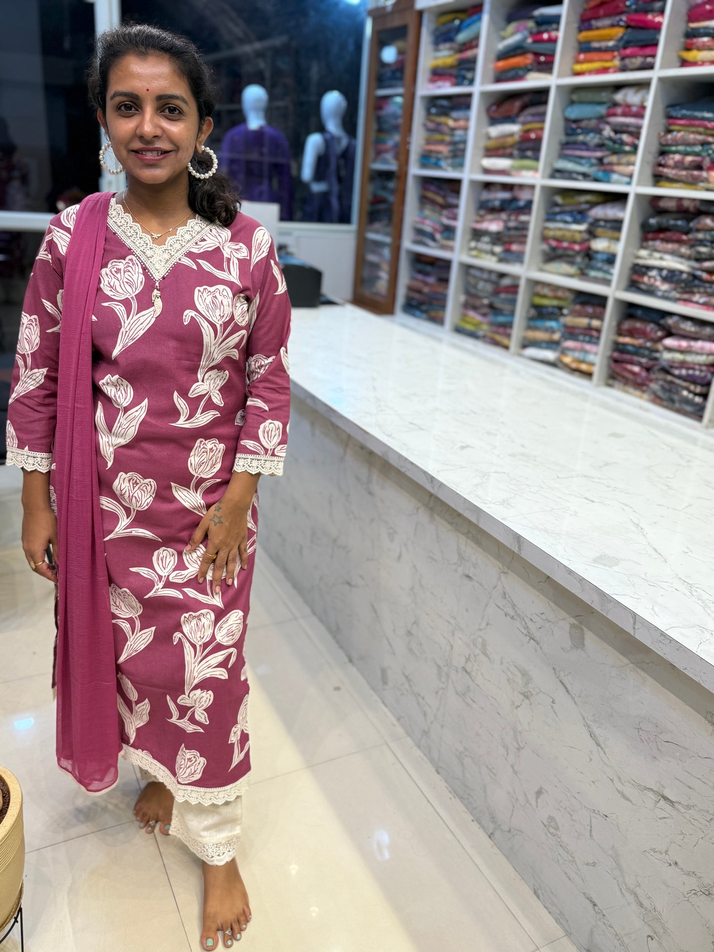 Pure Cotton Flex With Lace Details in Kurti with pant and Dupatta