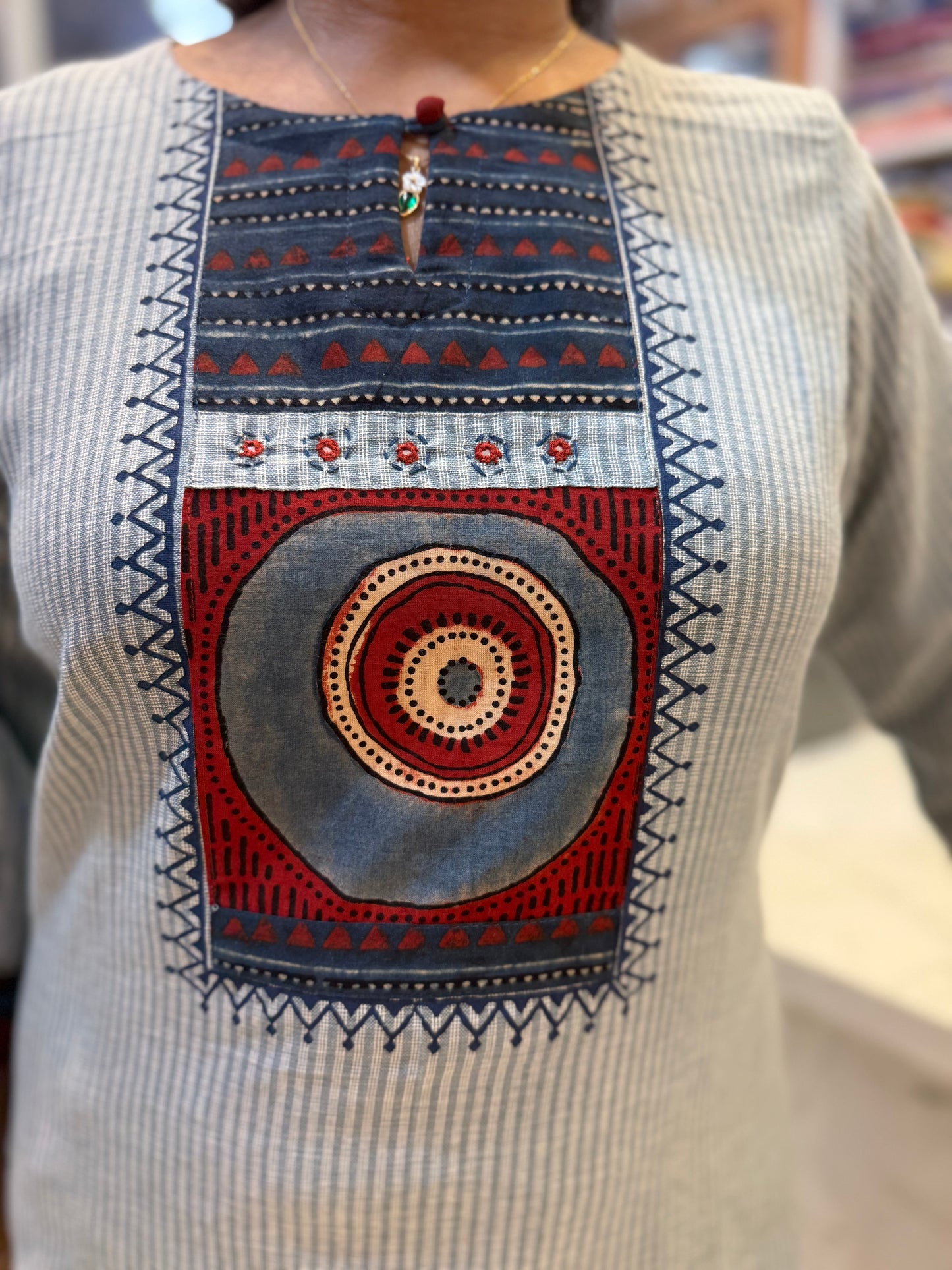 Powder Blue Pure Cotton Block Print Straight Kurti