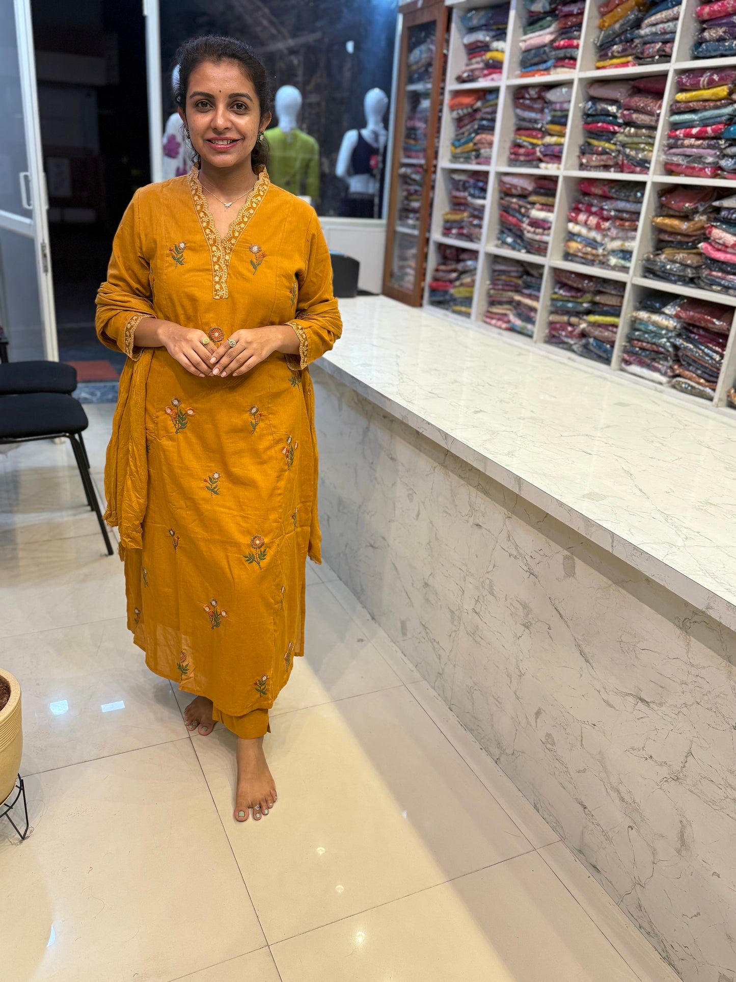 Mustard Thread Embroidery Lace Kurti With Pant and Dupatta