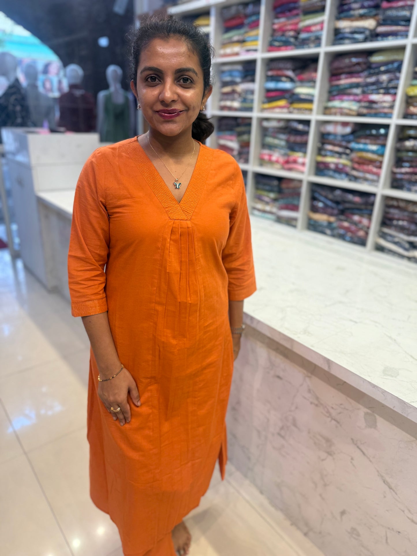 Plain Peach Orange Kurti And  Pant