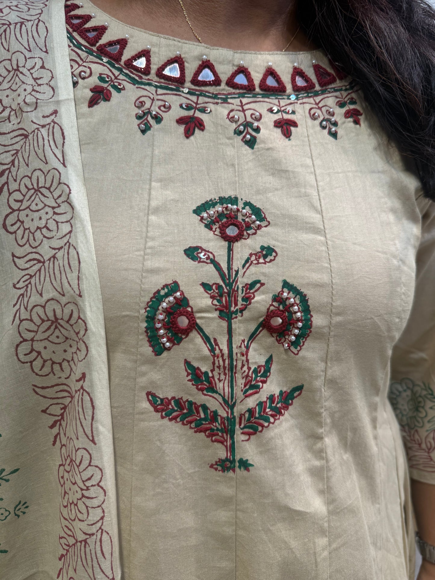 Beige Anarkali Block Printed Pure Cotton Embroidered A-line Kurti With Pant and Dupatta