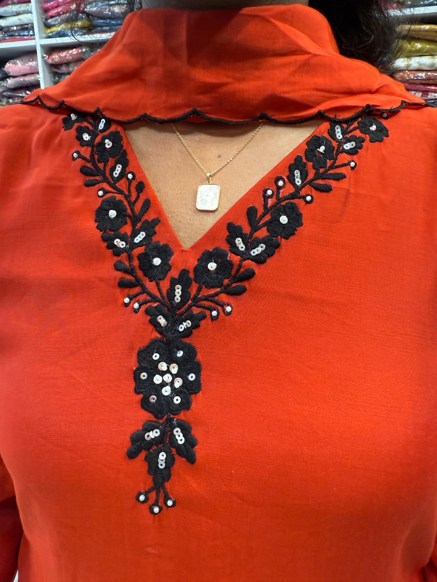 Red Pure Silk Handwork Kurti with Scallop cut work dupatta with pant-HSC42