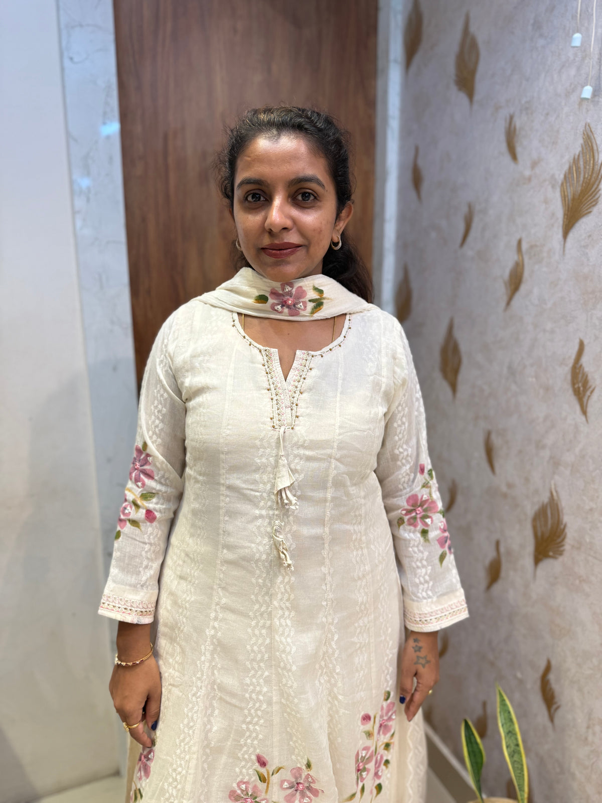 Half White Brush Painted Pure Cotton Anarkali Kurti With Pant and Dupatta -HSC1226