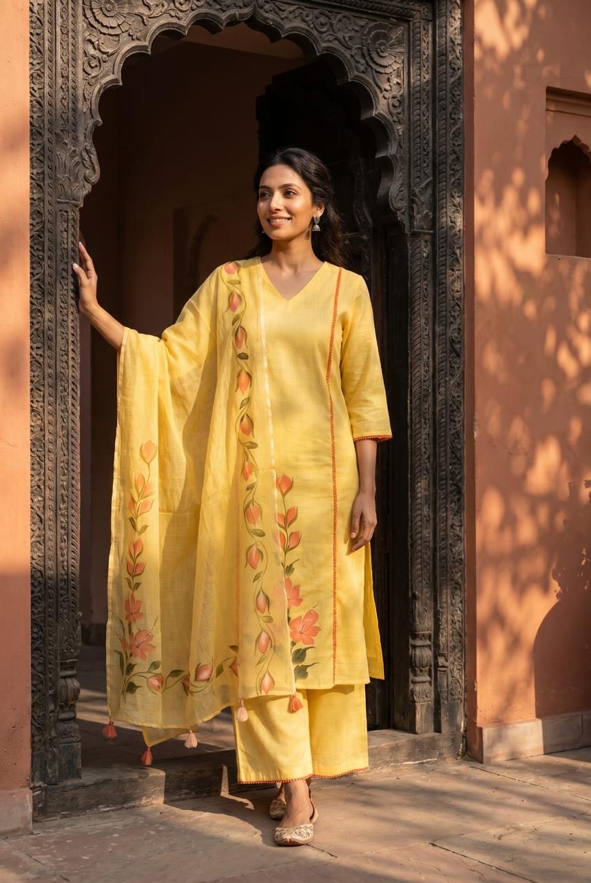 Hand Brush Painted Pure Cotton Kurti With Pant and Dupatta