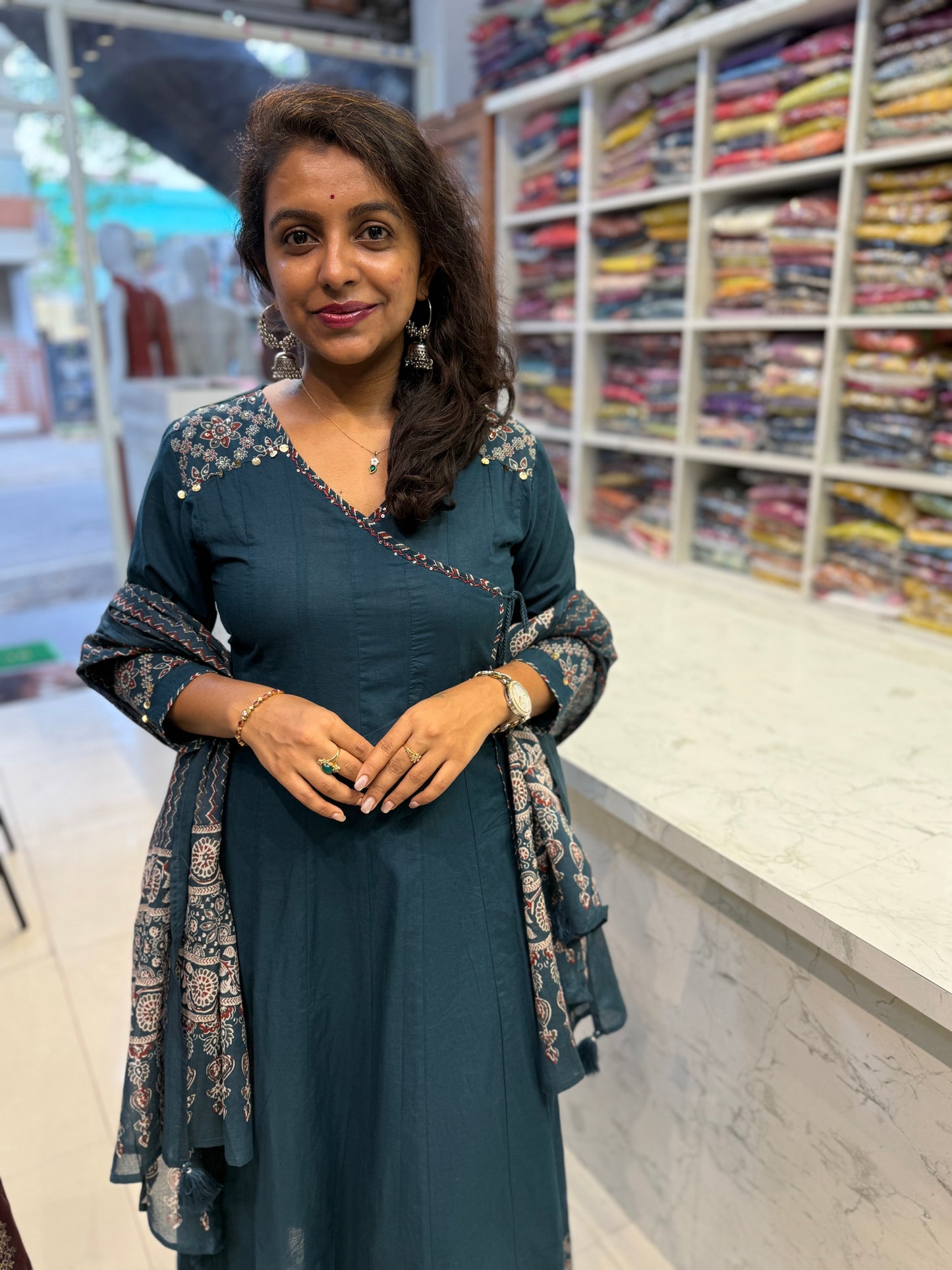Blue Shoulder Anarkali Pure Cotton Hand Embroidery Kurti With Pant and Dupatta-HSC165