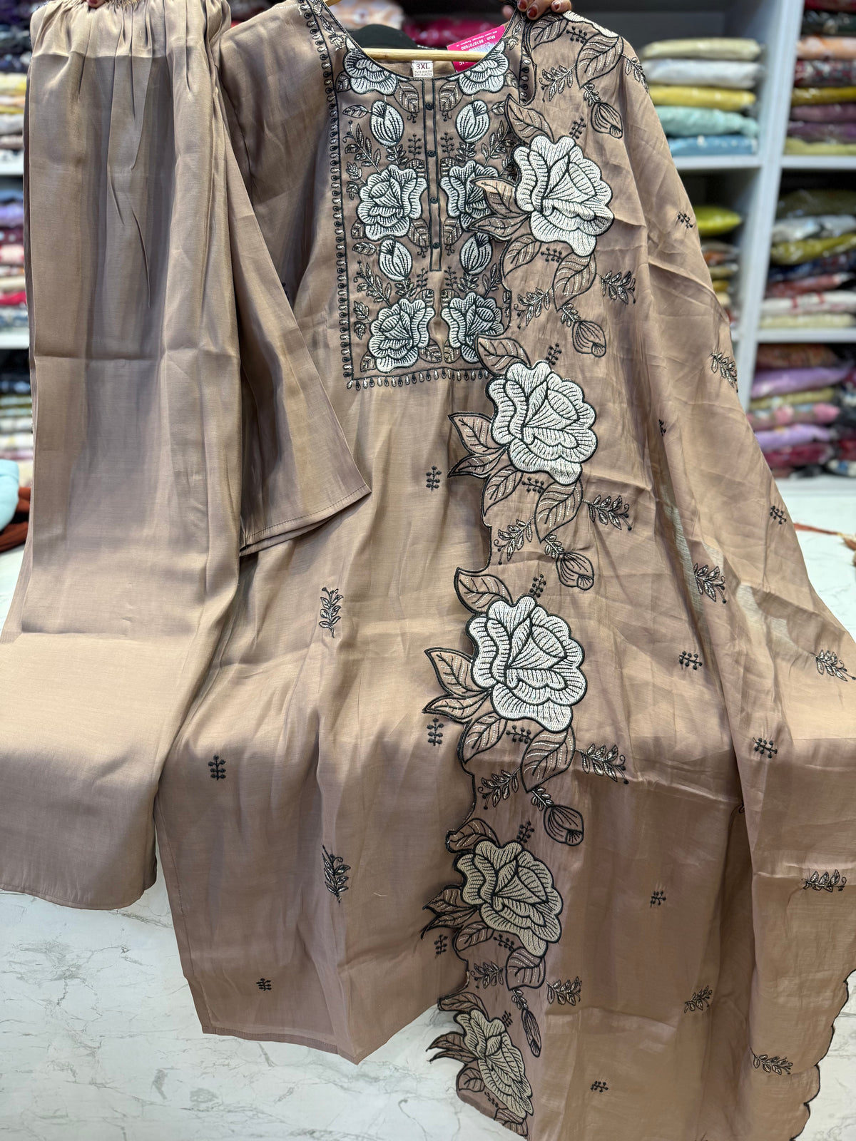 Floral Embroidery Kurti With Pant and Scallop Cutwork Dupatta - HSC1189