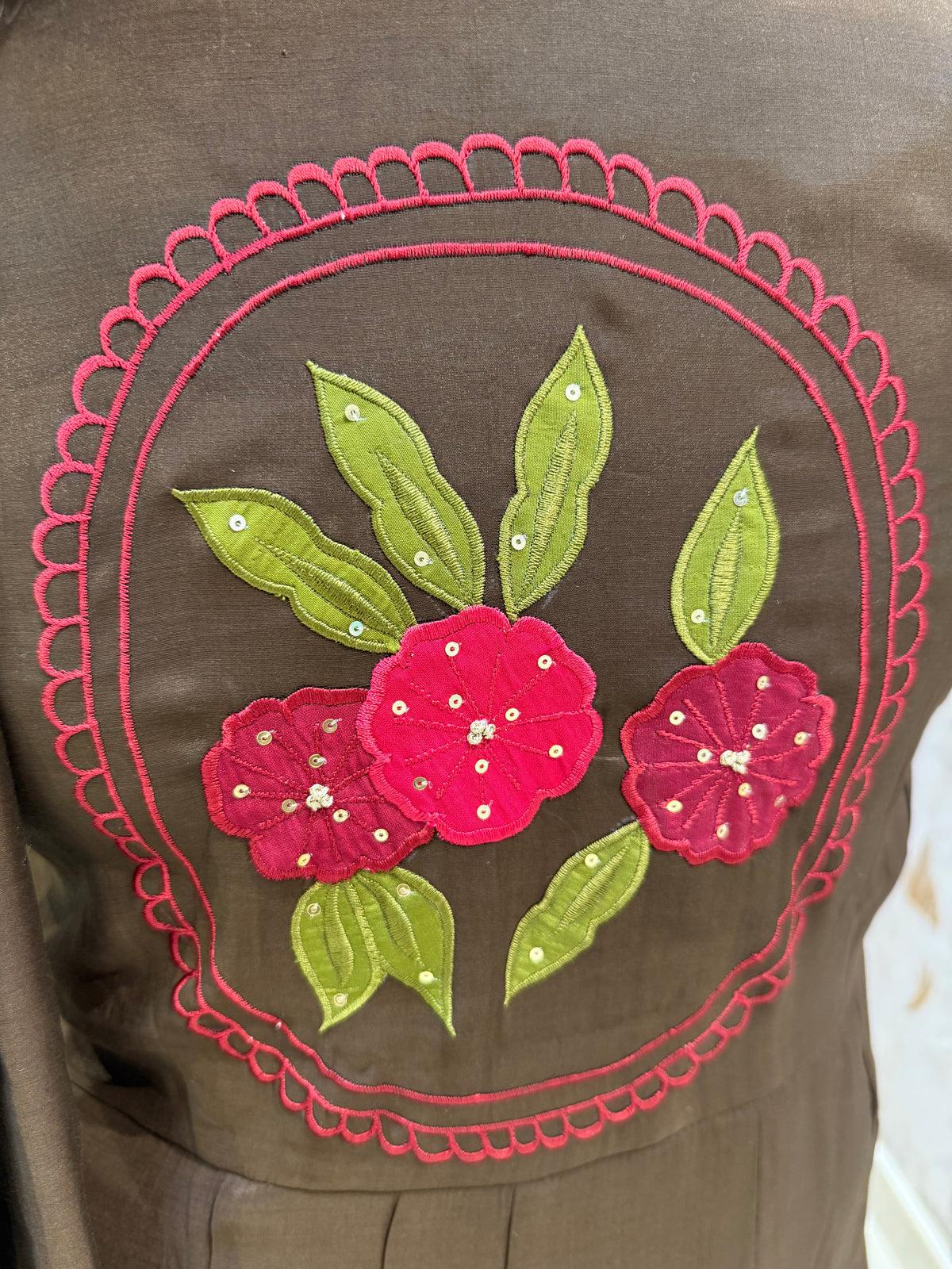 Brown Embroidery A-line Kurti With Pant and Scallop Dupatta -HSC1204