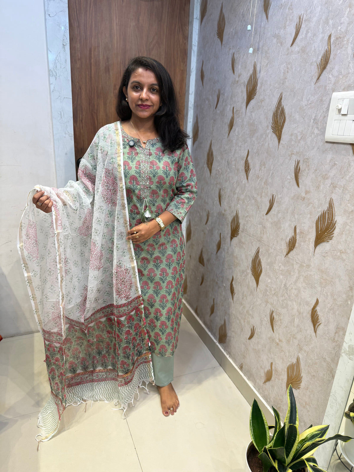 Printed Pure Cotton Kurti With Kota Doria Dupatta -HSC1322