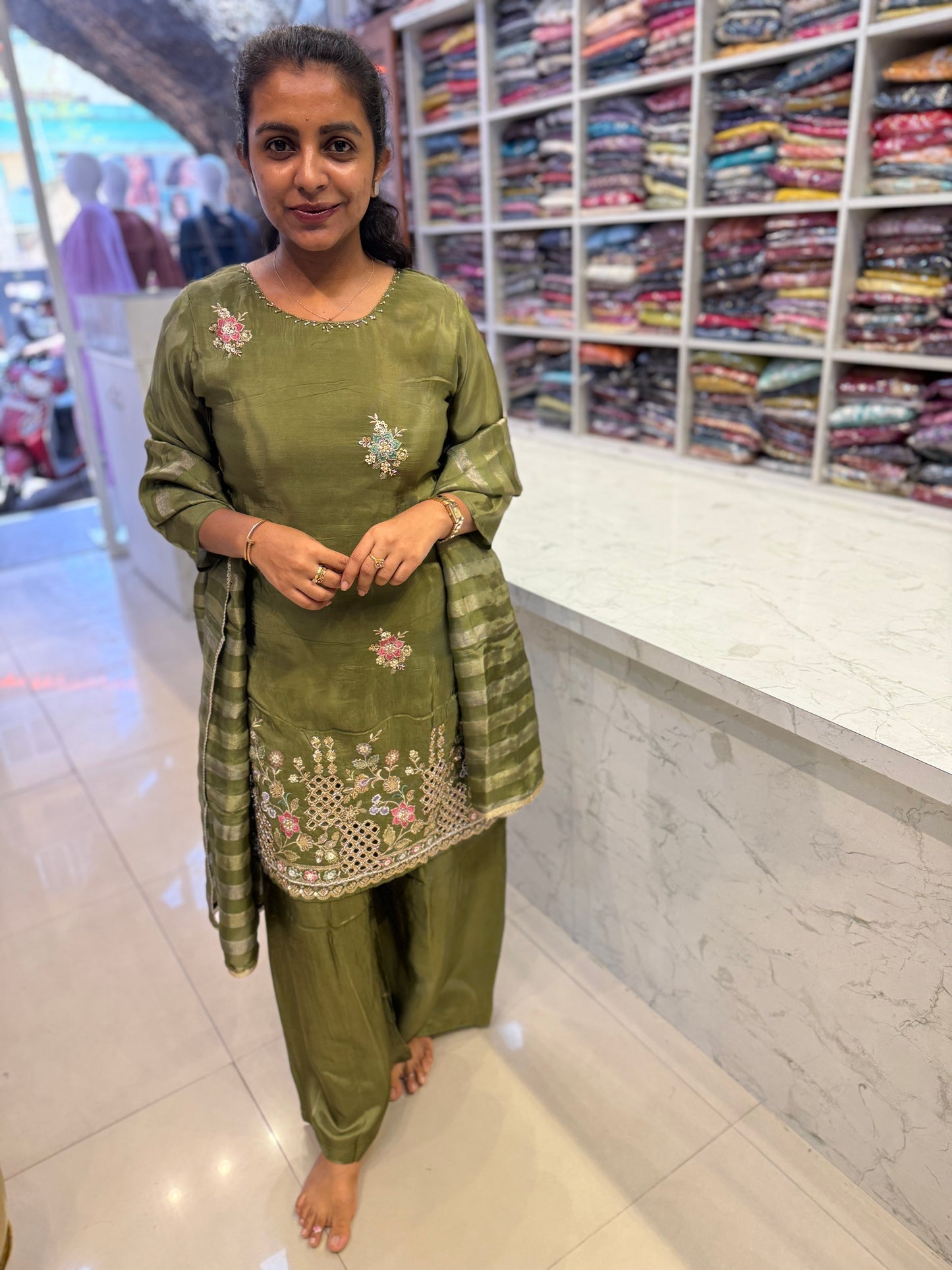 Olive Green Kurti With Palazzo Pant With Dupatta