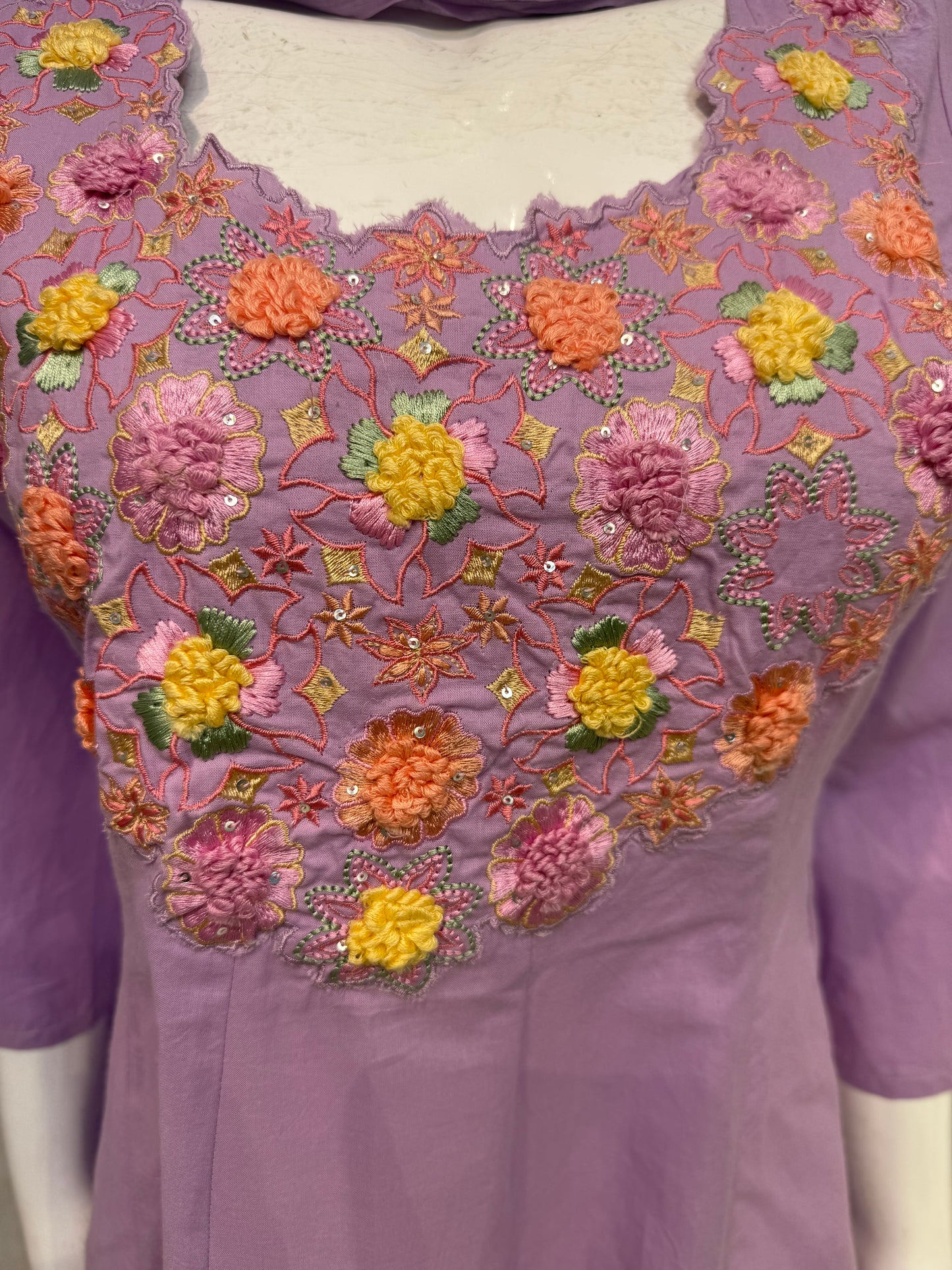 Lilac Designer Wear Pure Cotton Hand Embroidery Anarkali Kurti With Pant and Dupatta-HSC103