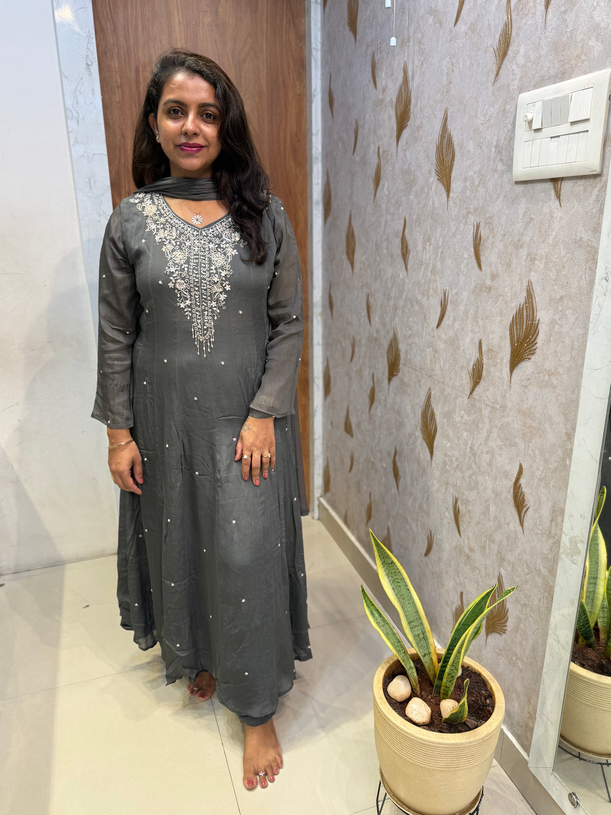 Grey Pure Chinnon Anarkali Hand Embroidery Kurti With Pant and Dupatta - HSC1177