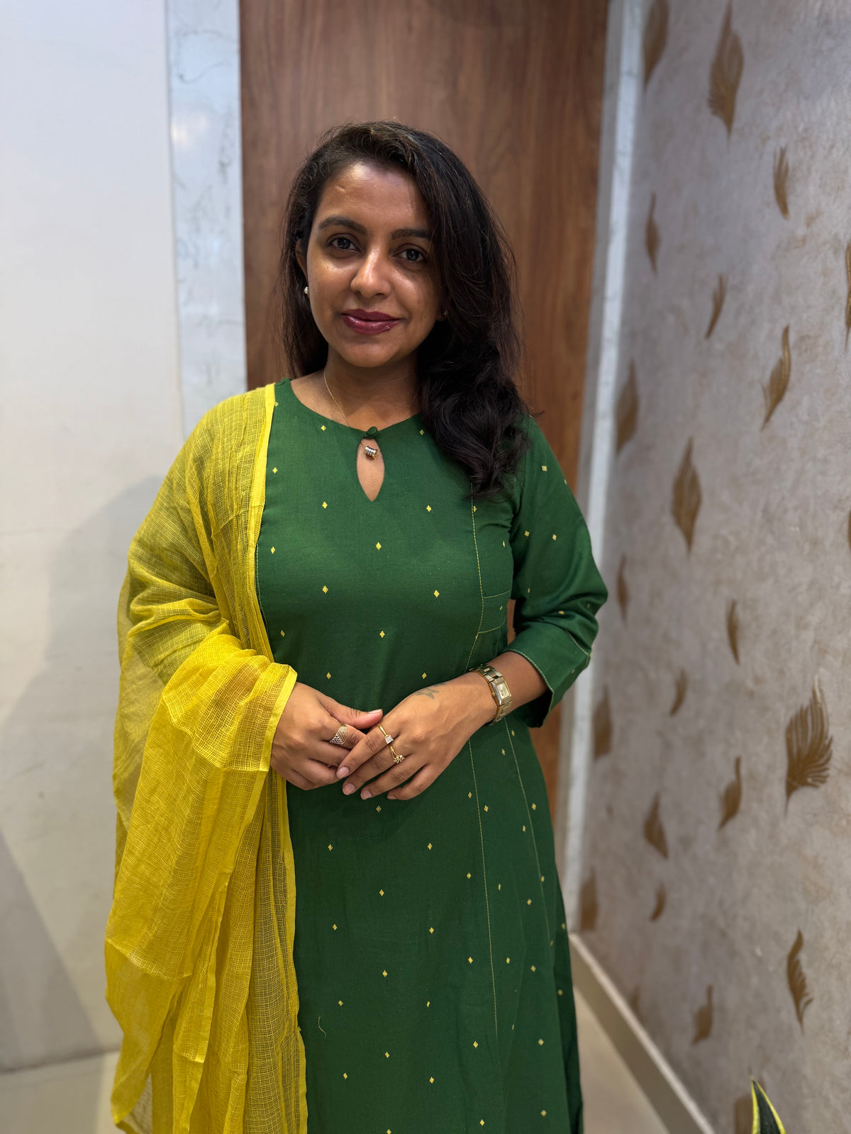 Pure Handloom Cotton Green Kurti With Constrast Mustard Dupatta -HSC1346