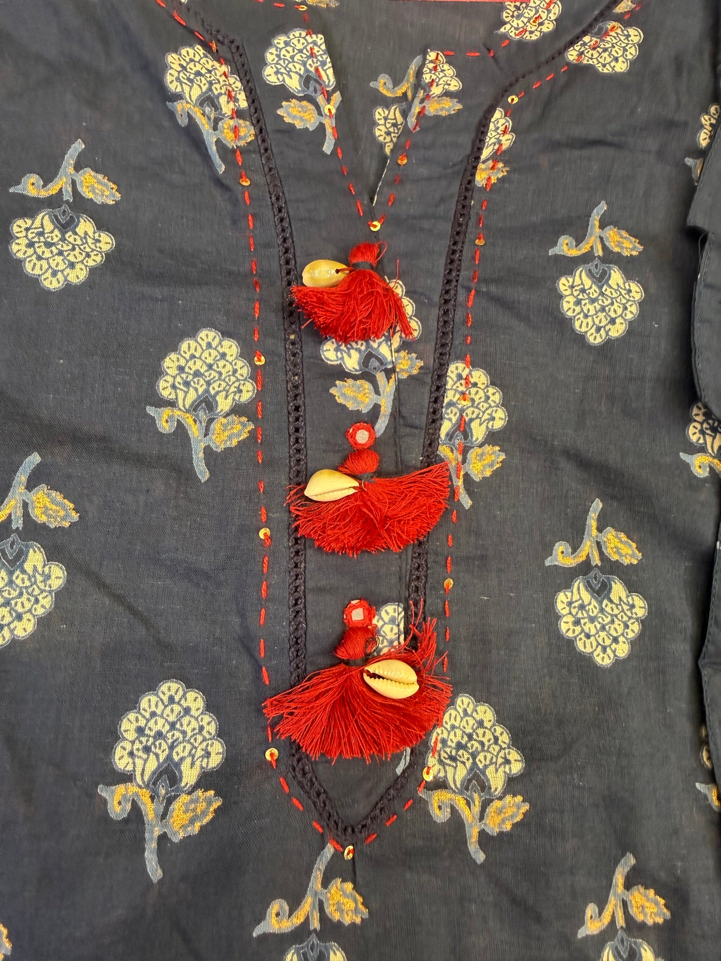Indigo Pure Cotton Applique Kurti With Pant and Dupatta