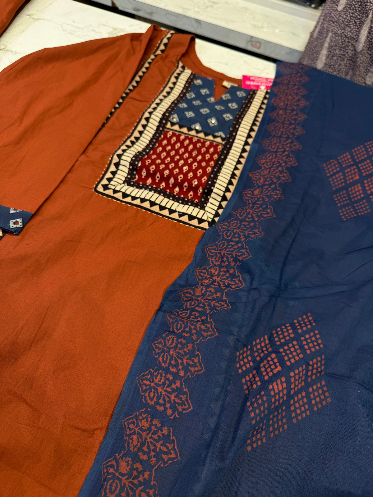 Rust With Blue  Pure Cotton Kurti With Pant and Block Printed Dupatta - HSC1178