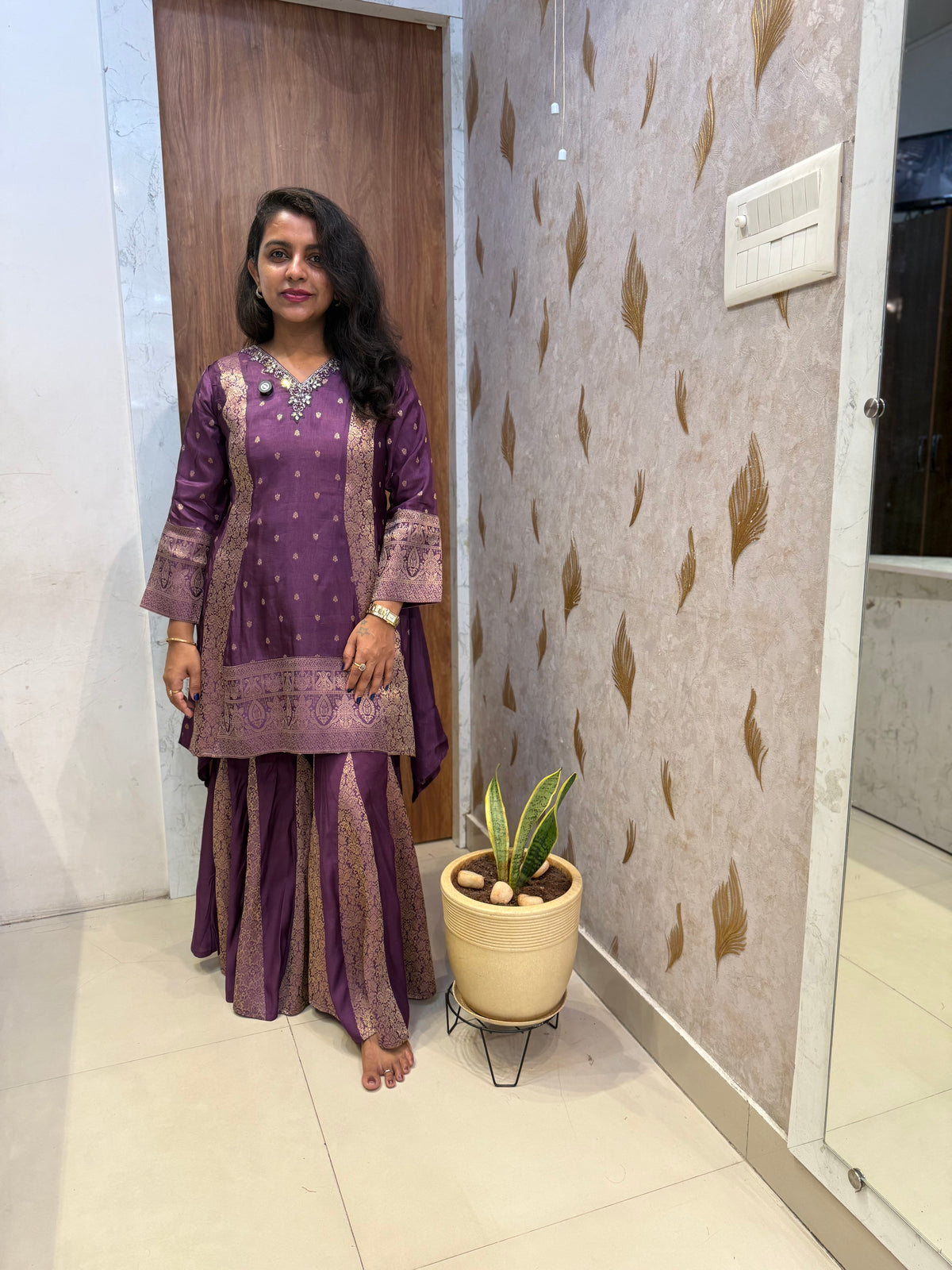 Purple Banasari Embroidered Kurti With Pant -HSC1208